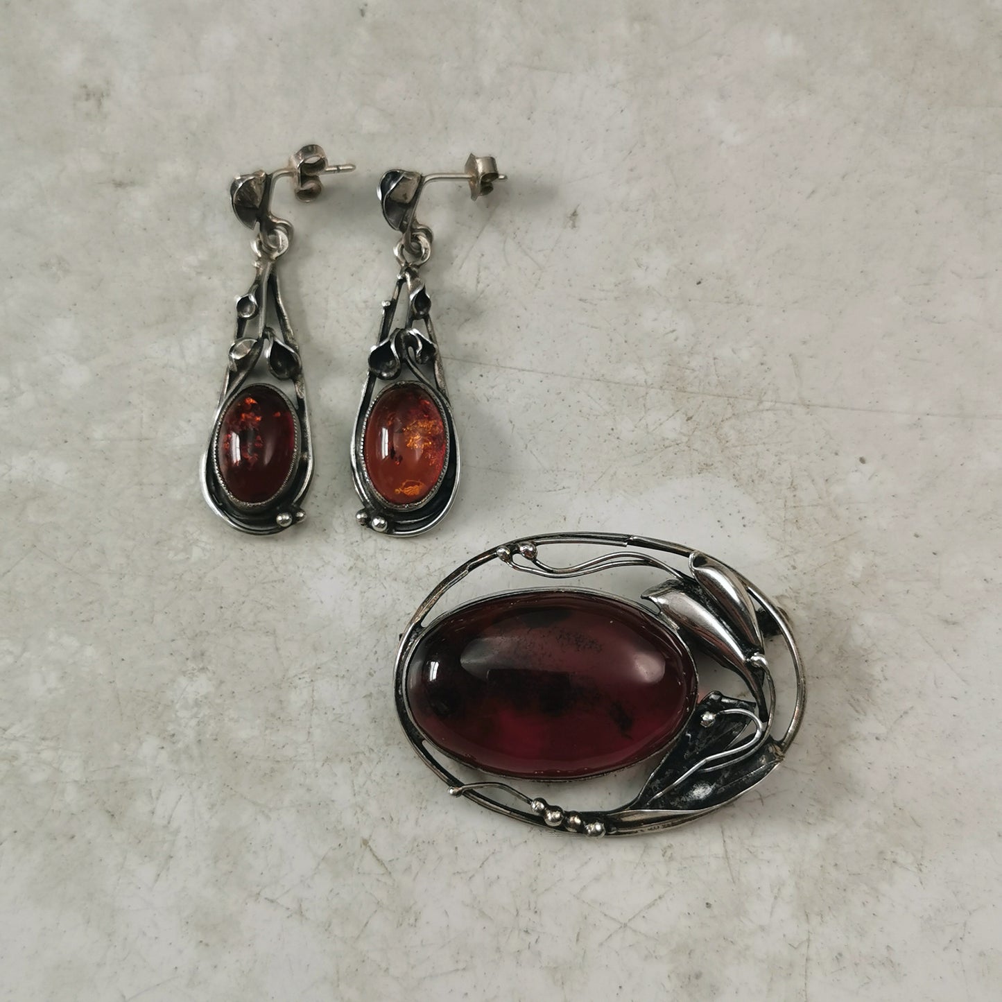 Estate Sterling Silver Polish Amber Brooch and Earring Set