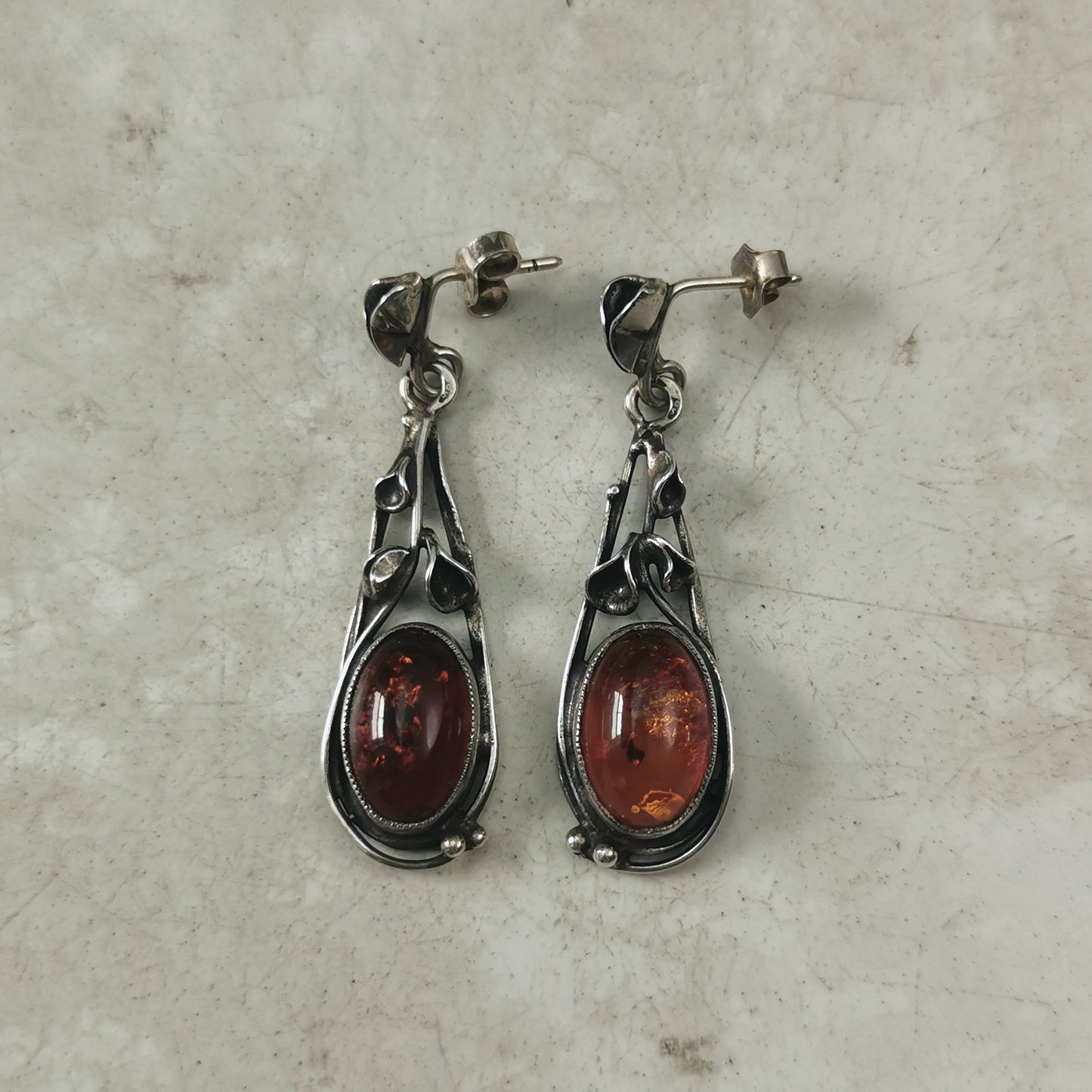 Estate Sterling Silver Polish Amber Brooch and Earring Set