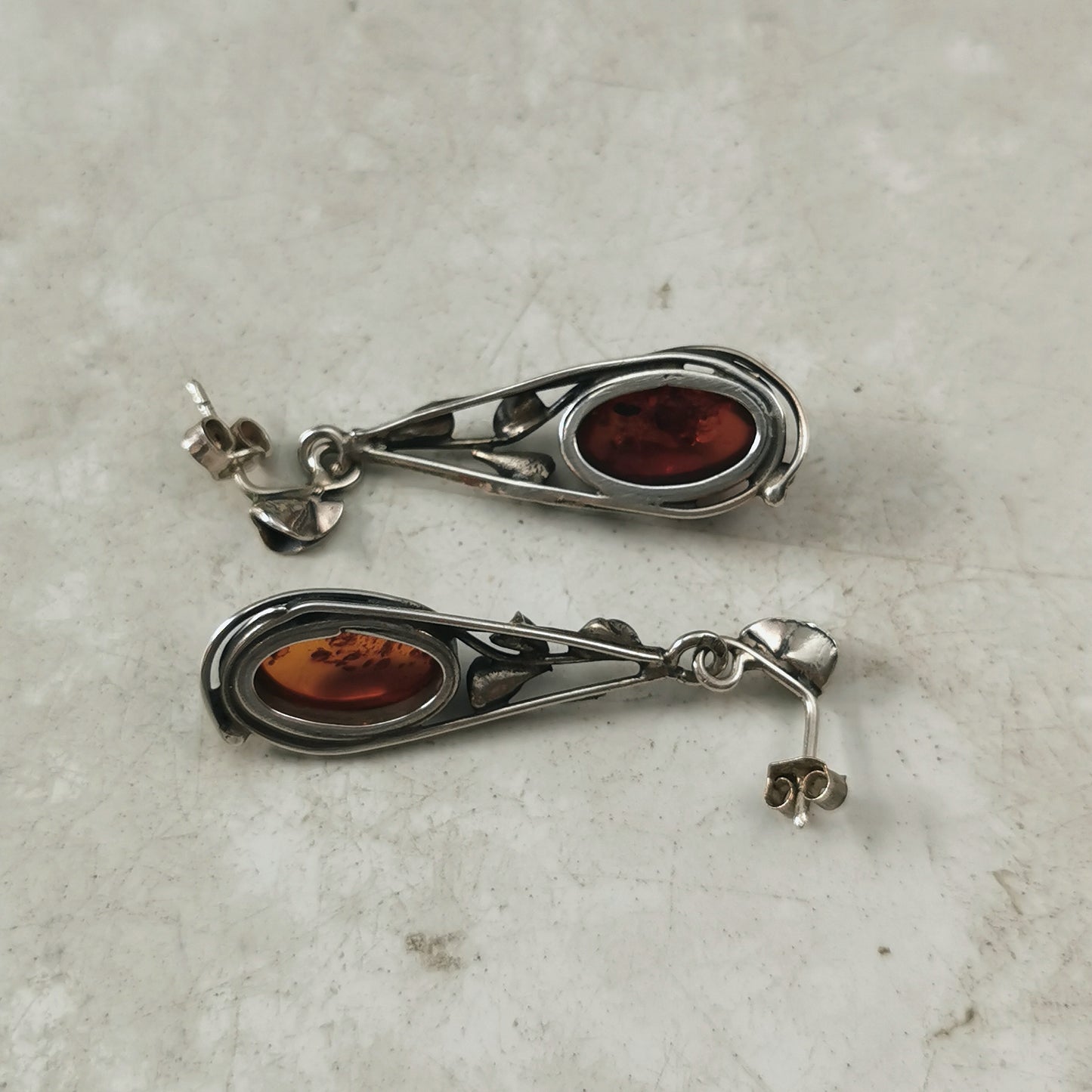 Estate Sterling Silver Polish Amber Brooch and Earring Set