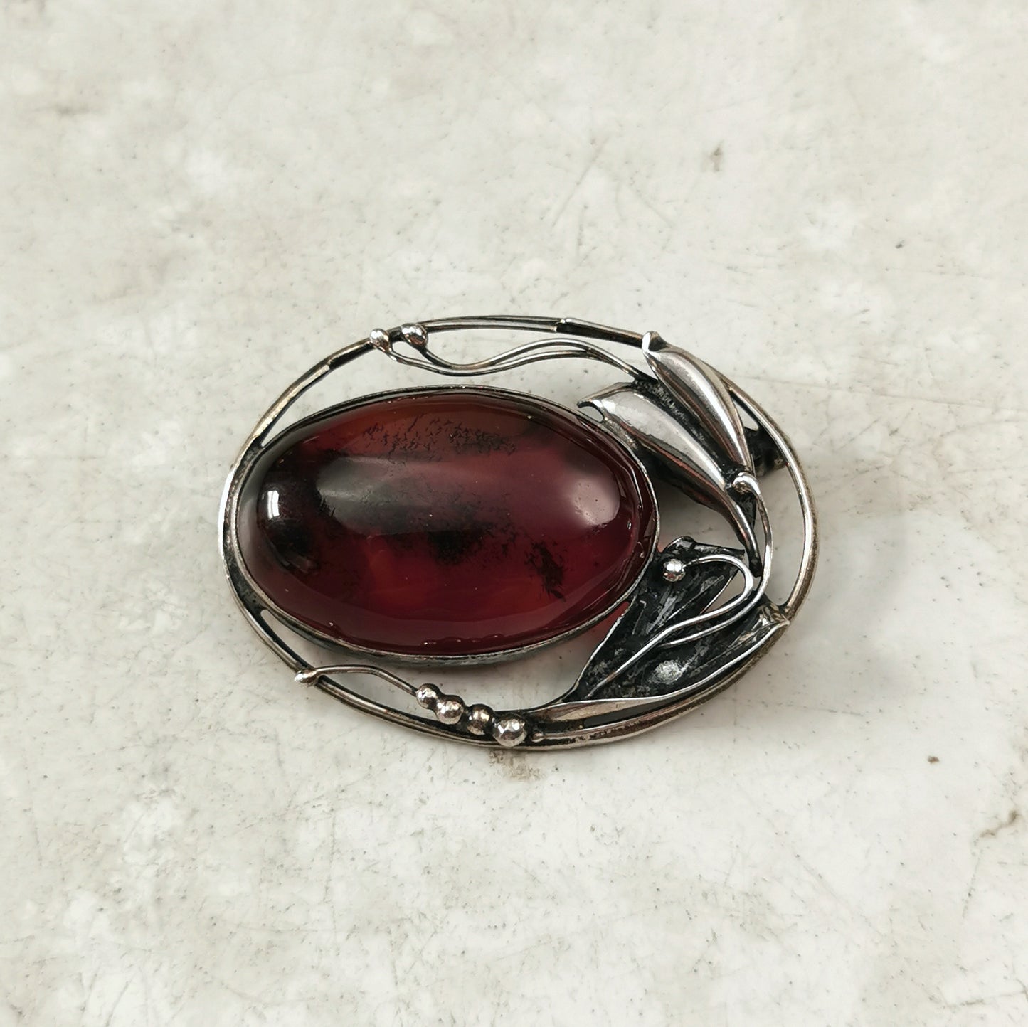 Estate Sterling Silver Polish Amber Brooch and Earring Set