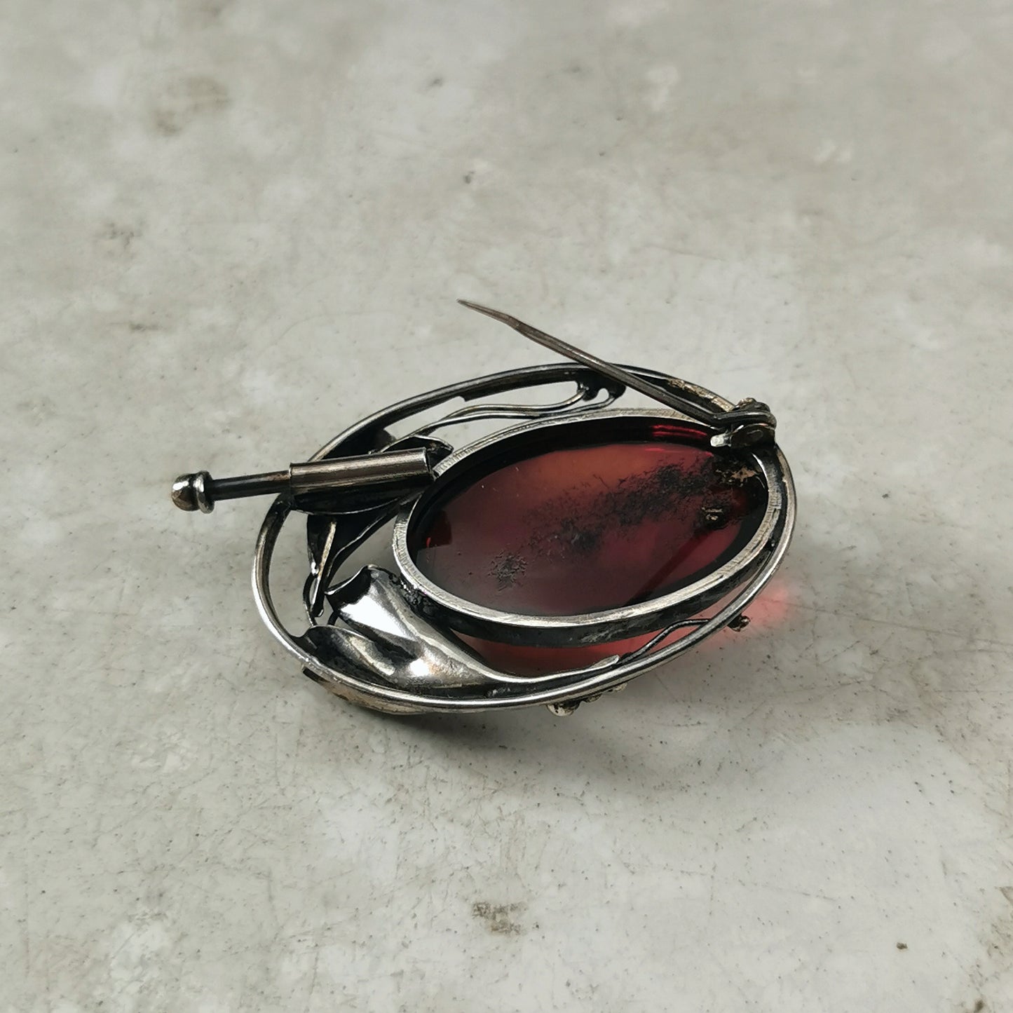 Estate Sterling Silver Polish Amber Brooch and Earring Set