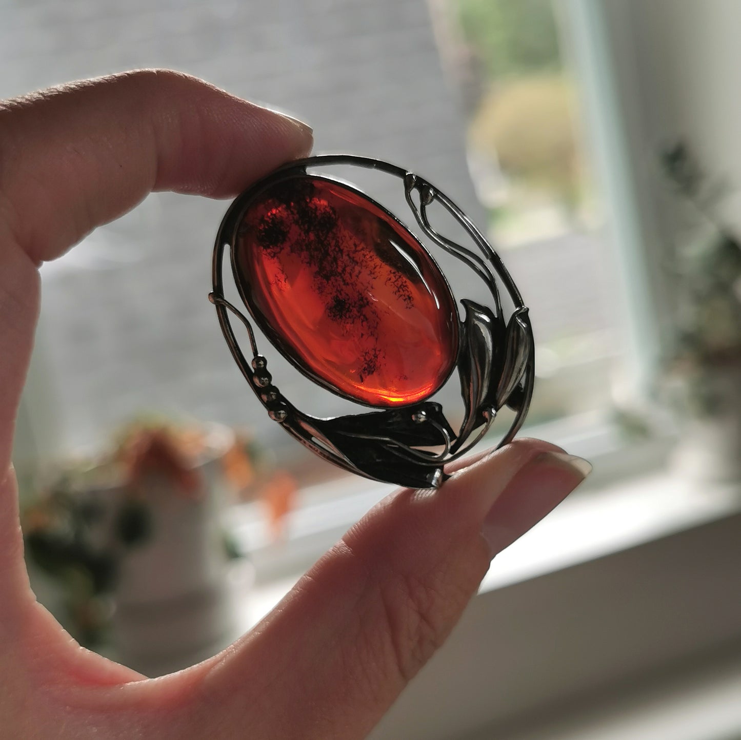 Estate Sterling Silver Polish Amber Brooch and Earring Set
