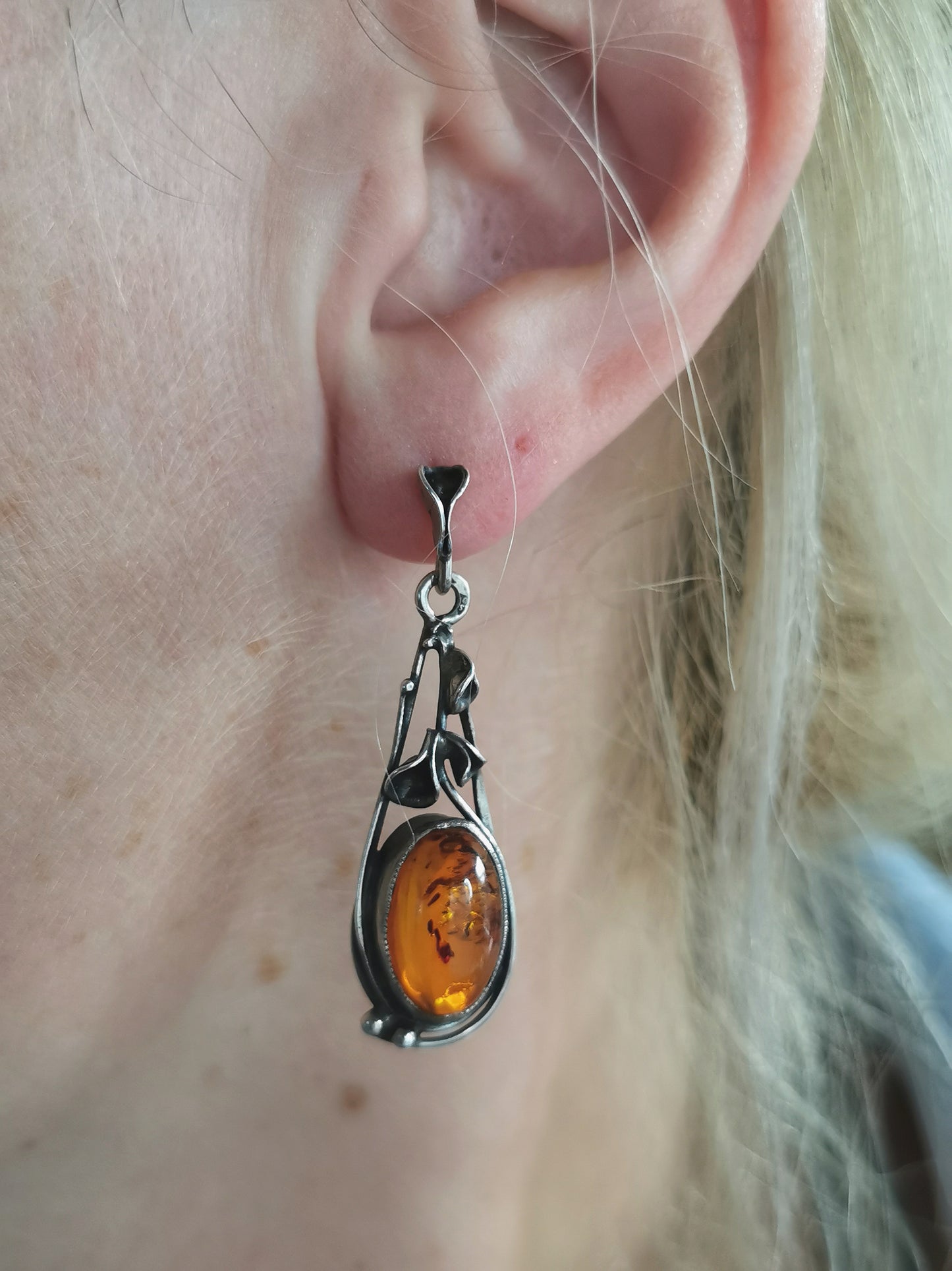 Estate Sterling Silver Polish Amber Brooch and Earring Set