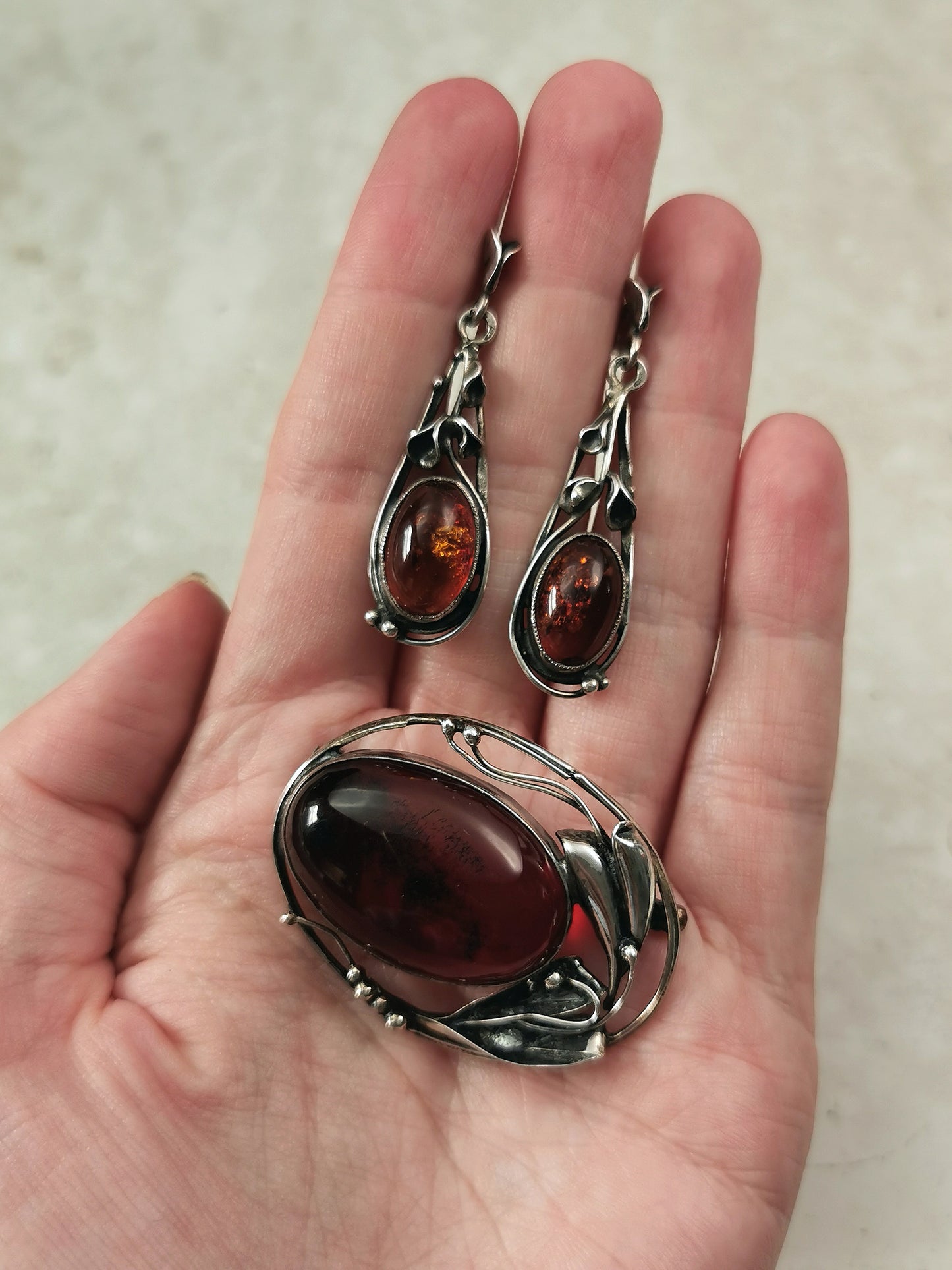 Estate Sterling Silver Polish Amber Brooch and Earring Set