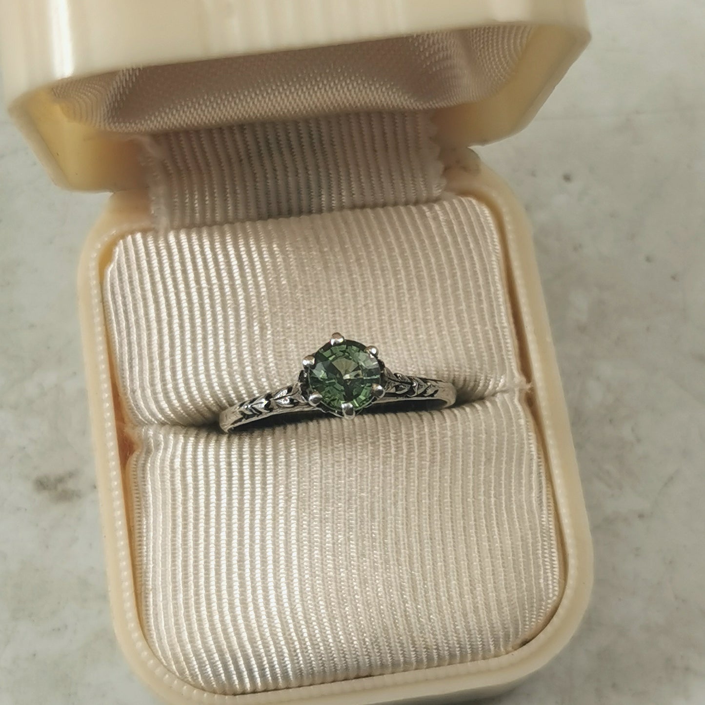 Estate Sterling Silver Art Deco Style Ring with Genuine Green Sapphire