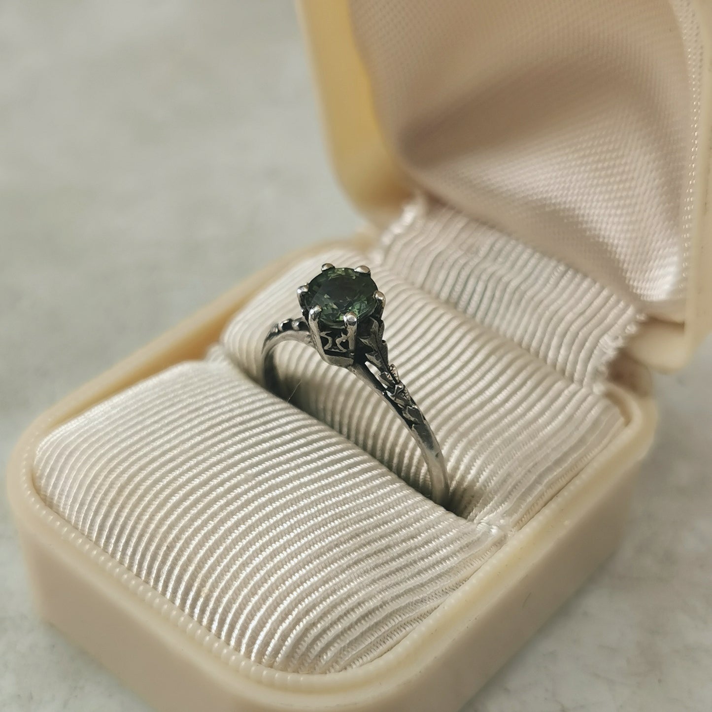 Estate Sterling Silver Art Deco Style Ring with Genuine Green Sapphire