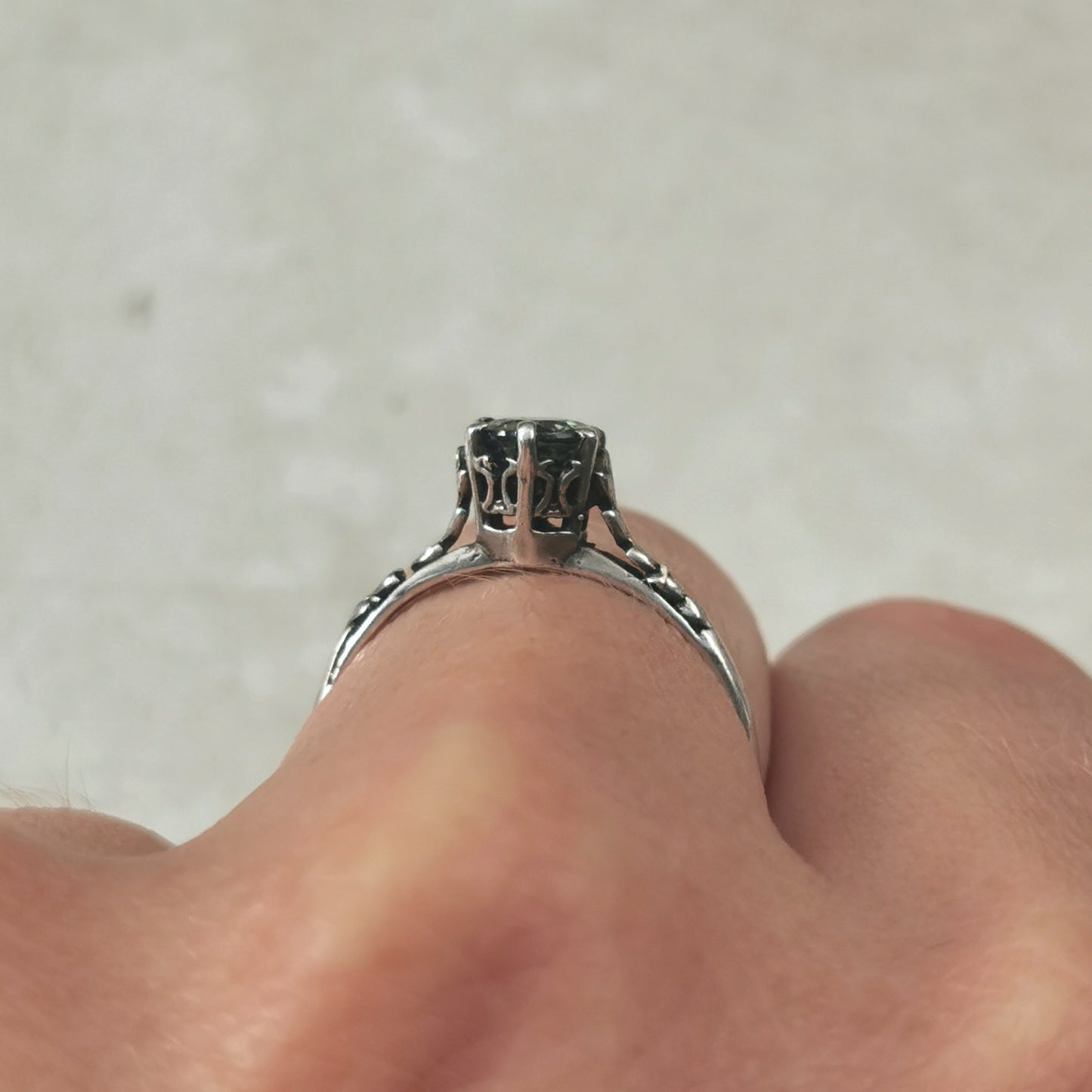 Estate Sterling Silver Art Deco Style Ring with Genuine Green Sapphire