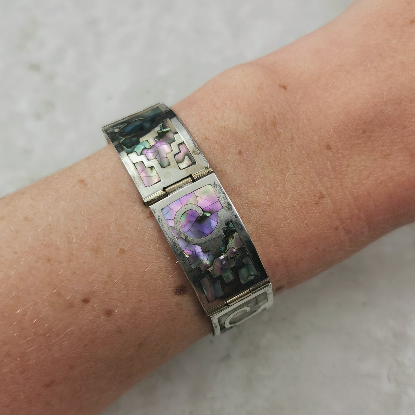 Vintage Sterling Taxco Talleres De Los Ballesteros Abalone Inlay Bracelet