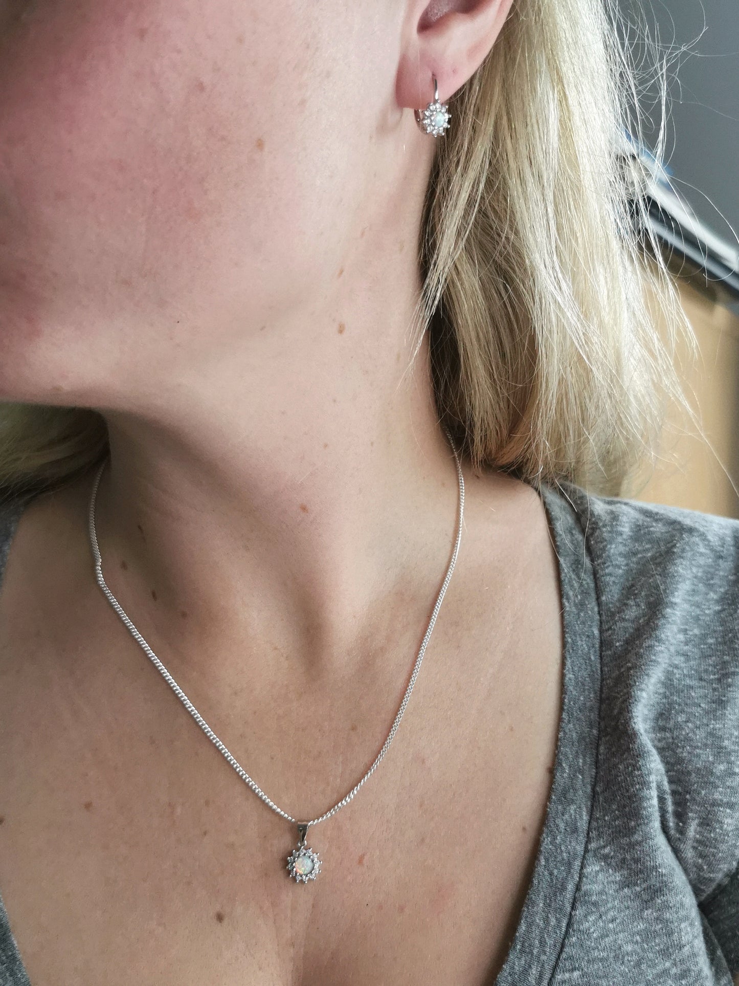 New Sterling Silver Created Opal and CZ Set - Lever Back Earrings and Pendant Necklace