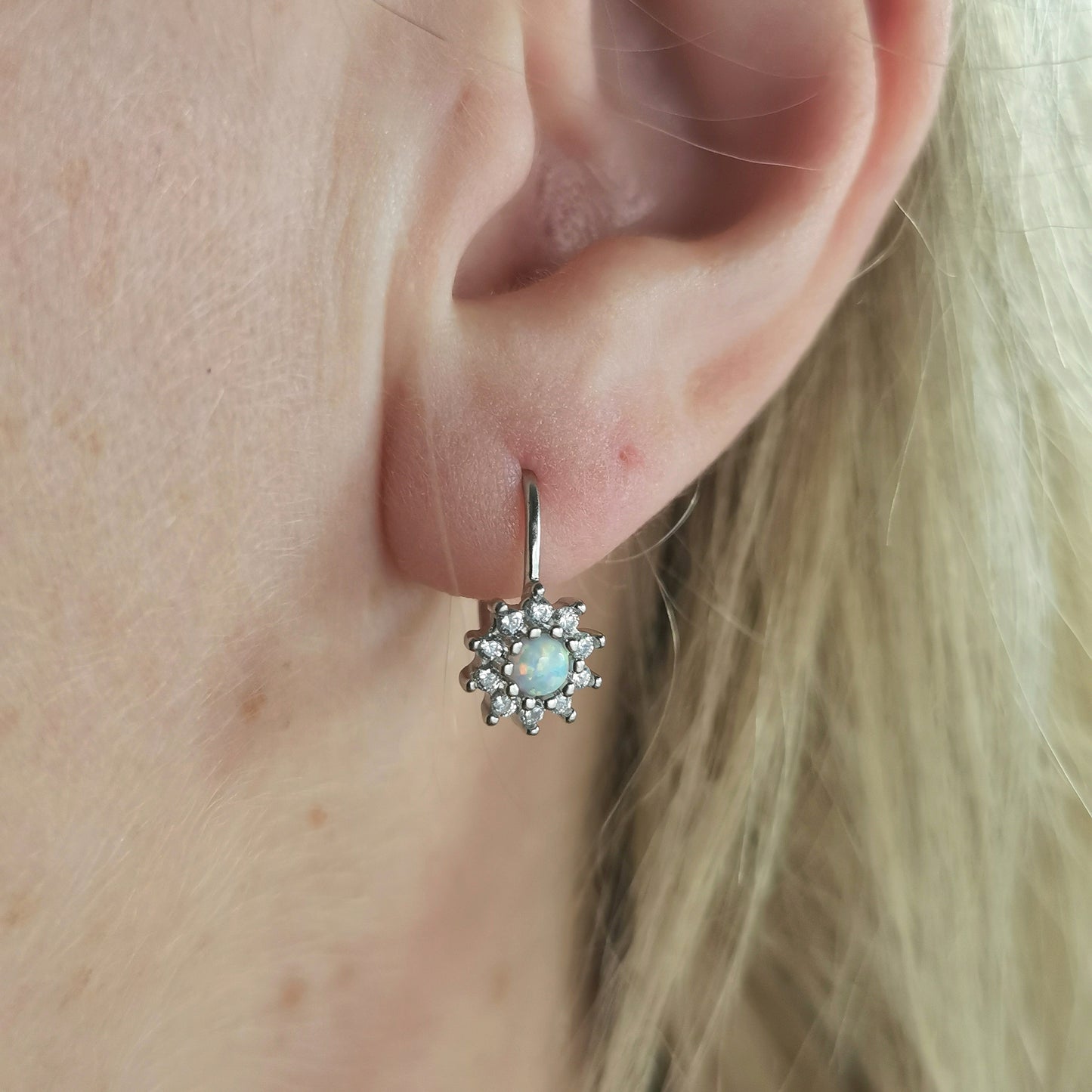 New Sterling Silver Created Opal and CZ Set - Lever Back Earrings and Pendant Necklace