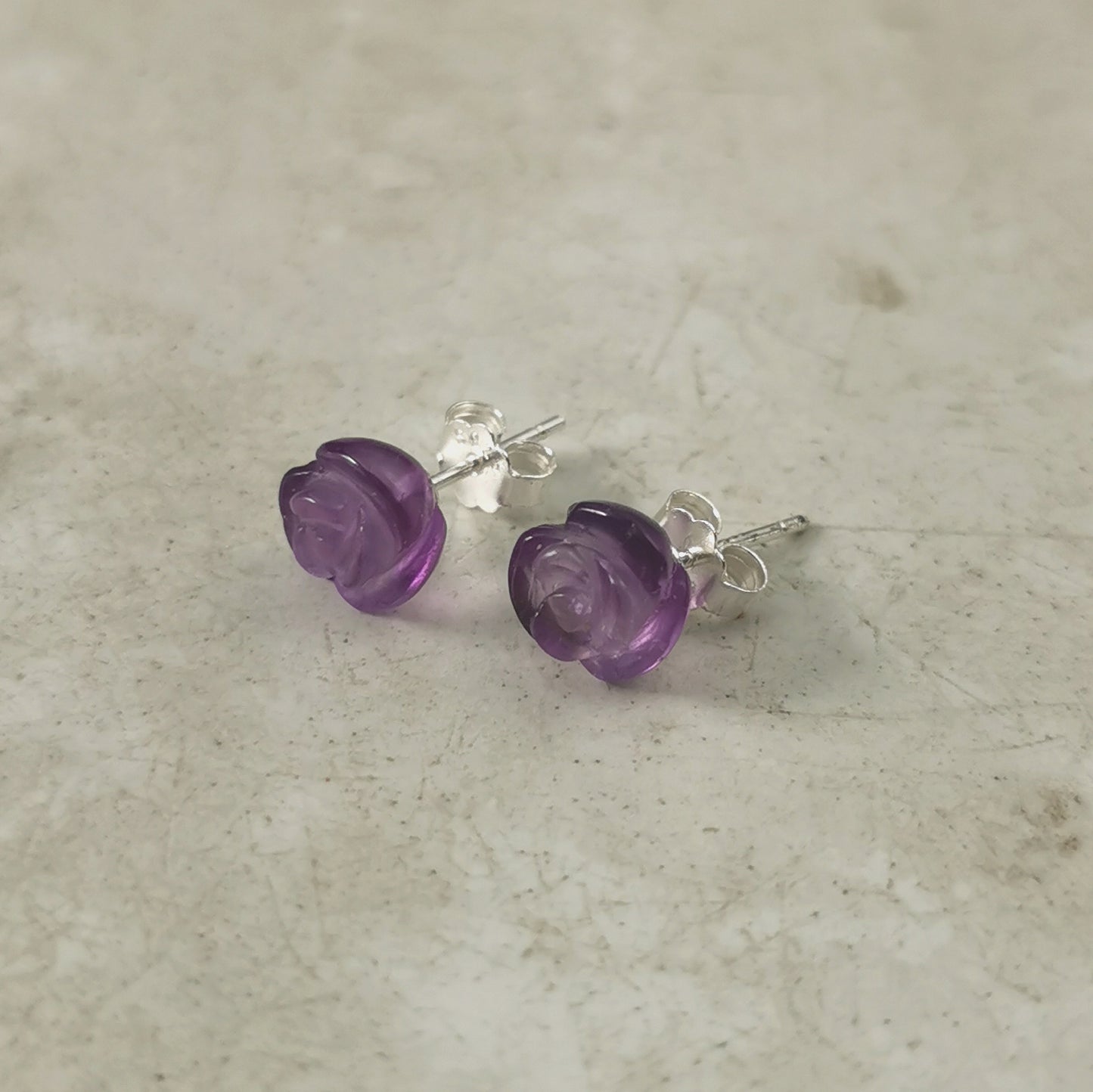 Estate Sterling Silver & Carved Amethyst Flower Stud Earrings