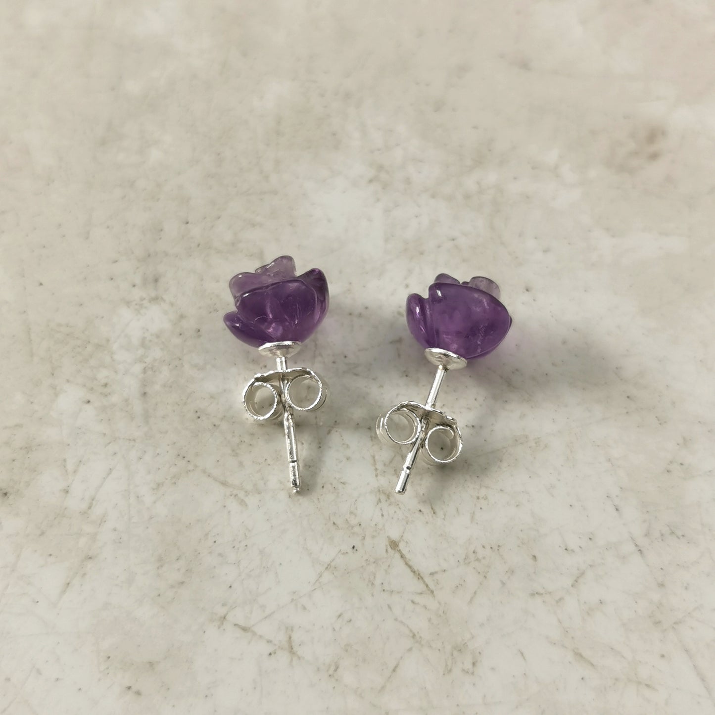 Estate Sterling Silver & Carved Amethyst Flower Stud Earrings