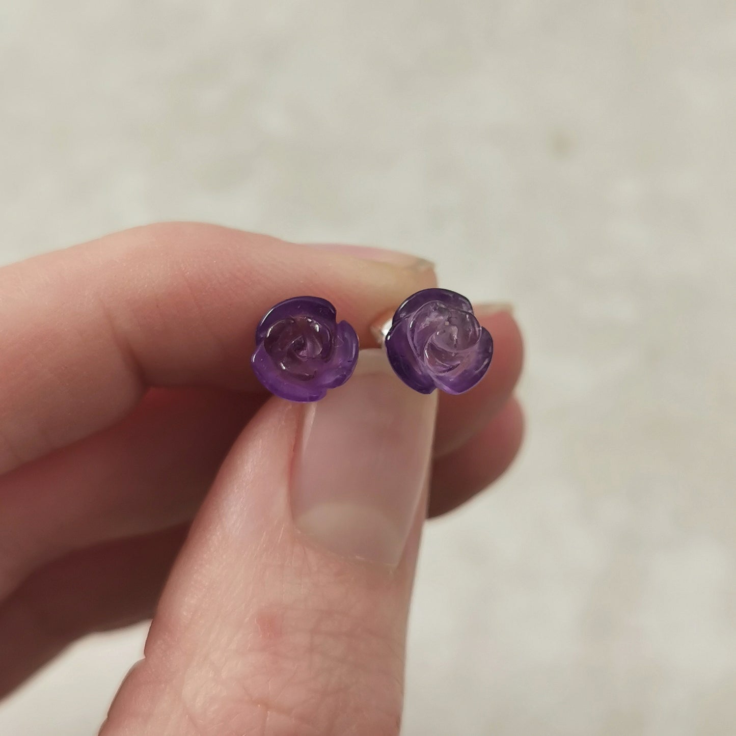 Estate Sterling Silver & Carved Amethyst Flower Stud Earrings