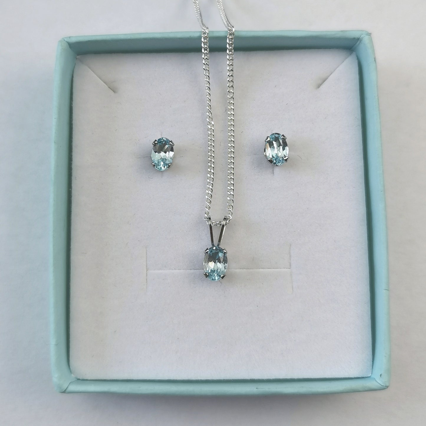 New Sterling Silver Blue Topaz December Birthstone Set - Studs and Necklace