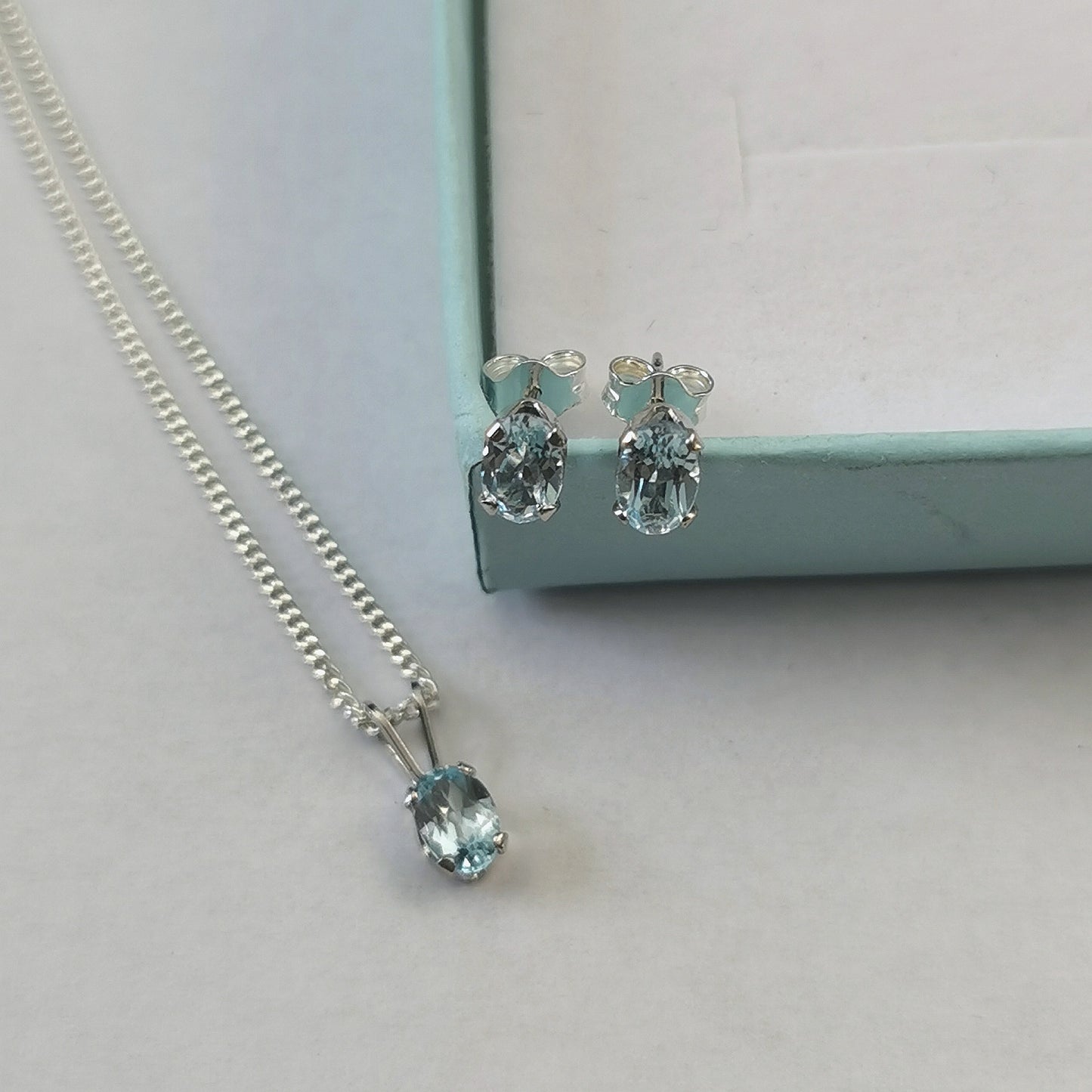 New Sterling Silver Blue Topaz December Birthstone Set - Studs and Necklace