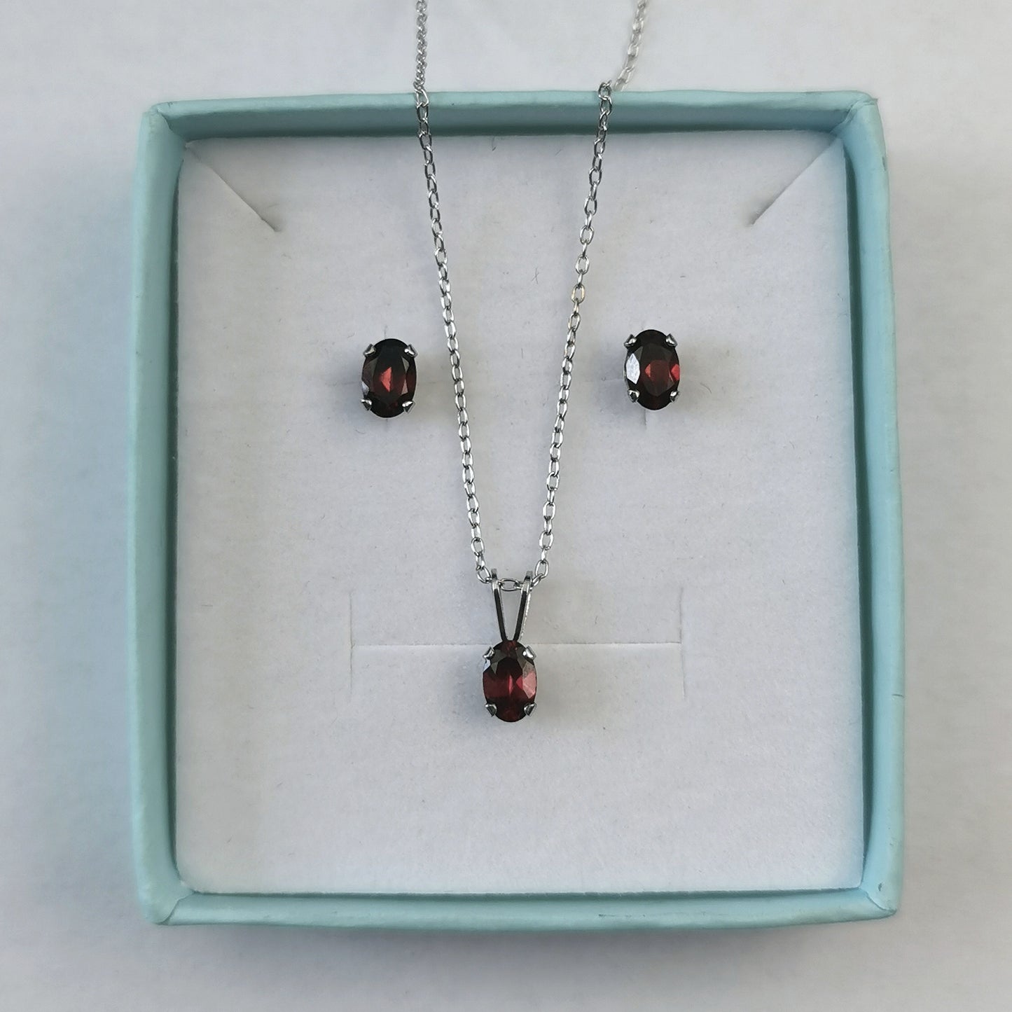 New Sterling Silver Garnet January Birthstone Set - Studs and Necklace