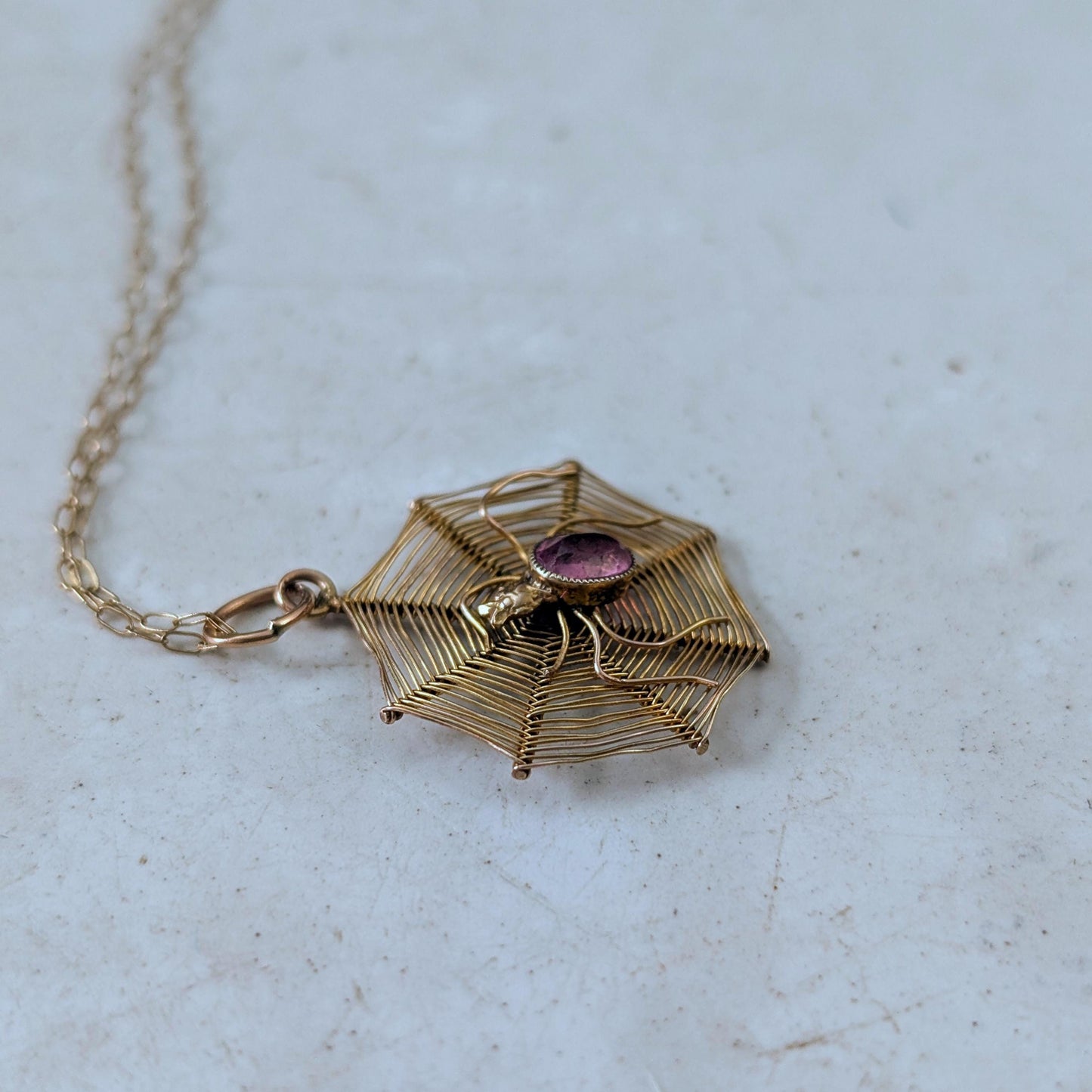 Victorian 9ct Yellow Gold Spider Web Charm Necklace