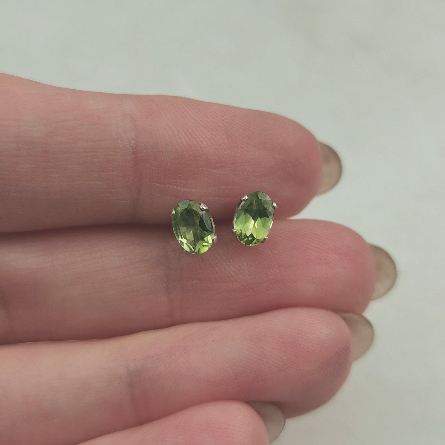 Estate Sterling Silver and Genuine Peridot Stud Earrings - Oval Peridot August Birthstone Earrings