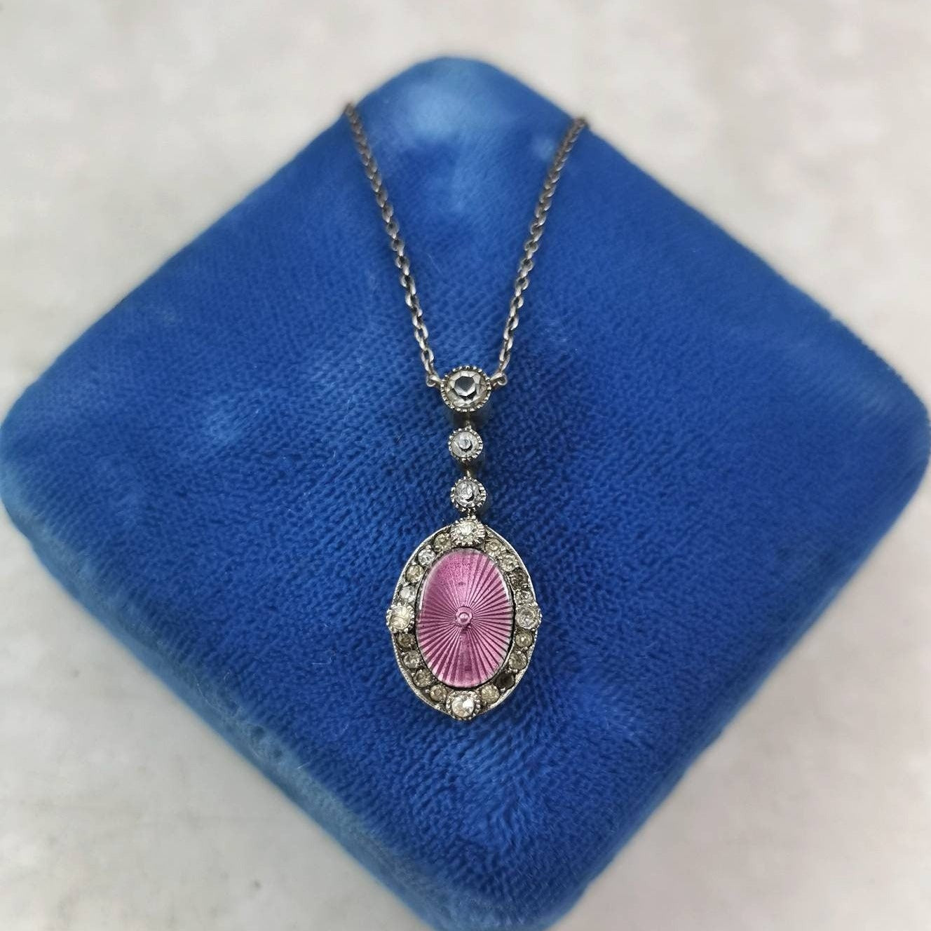 Vintage Sterling Silver Guilloché Enamel & Rhinestone Lavalier