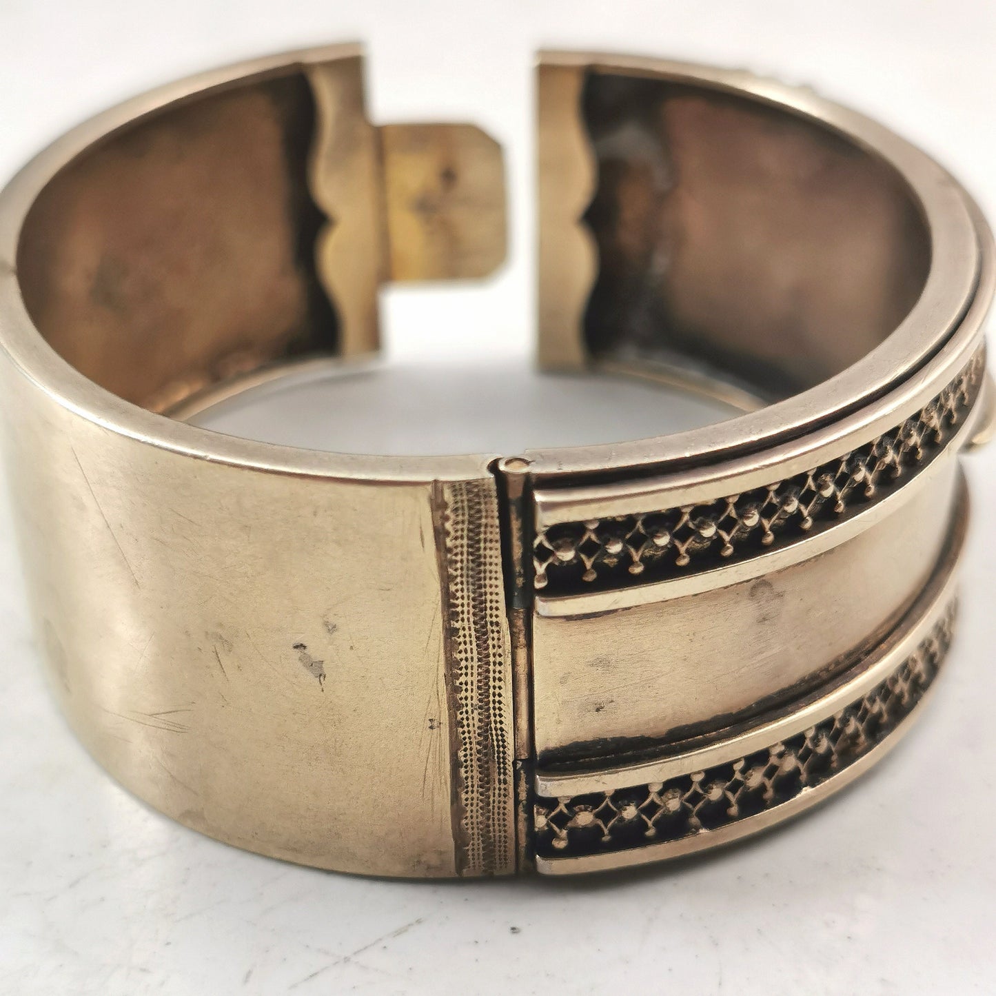 Antique Victorian Gold Filled Estrucan Revival Buckle Cuff Bracelet