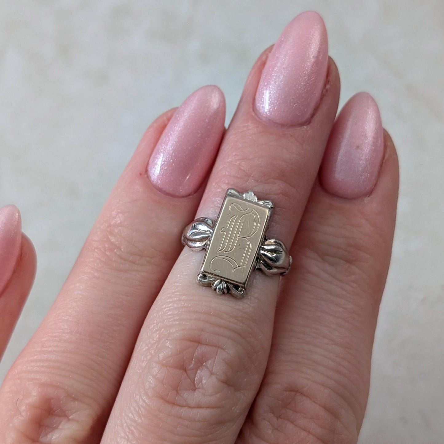 Art Deco Sterling Silver & 10K Yellow Gold Initial B Pinky Signet Ring