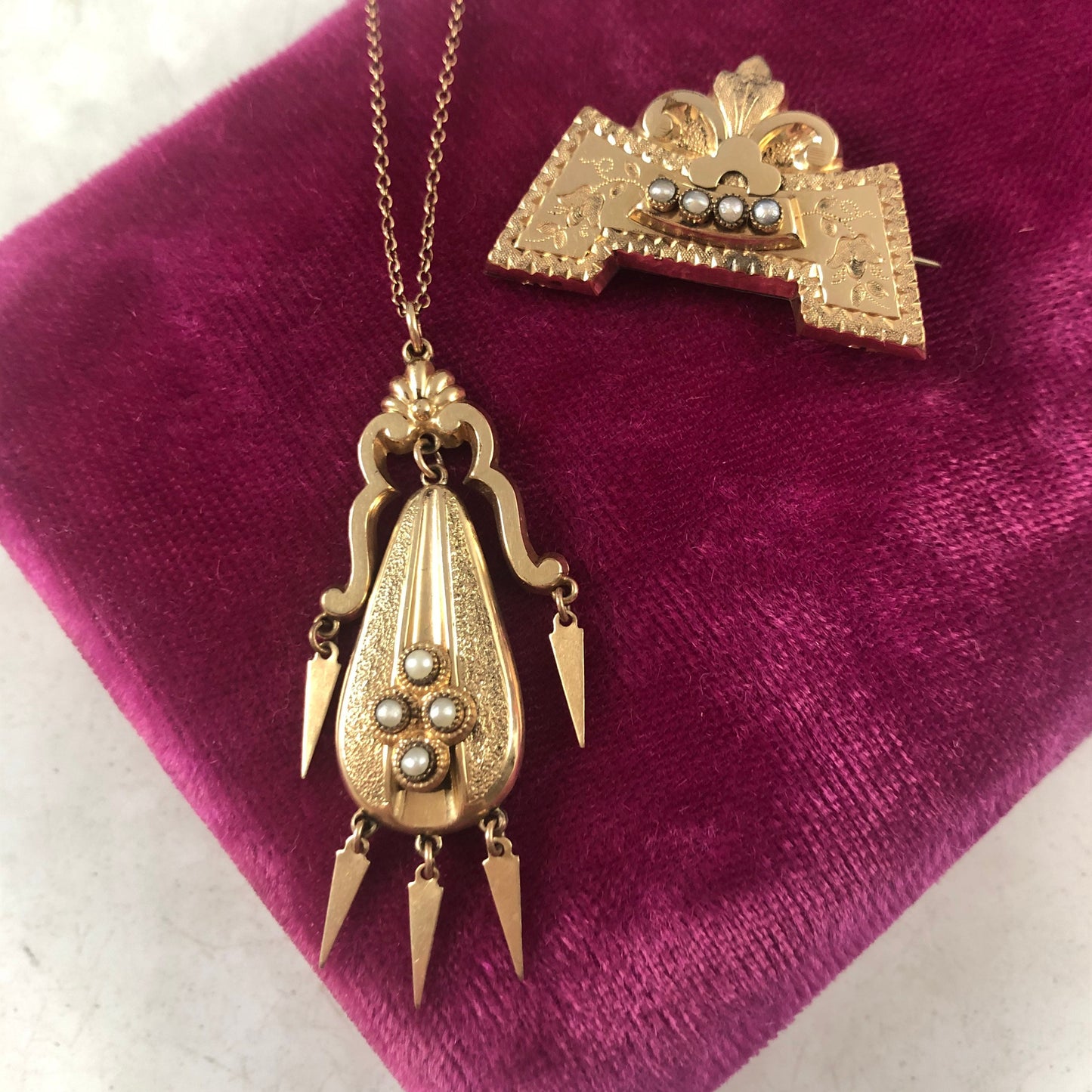 Victorian Gold Filled Seed Pearl Necklace and Brooch Set