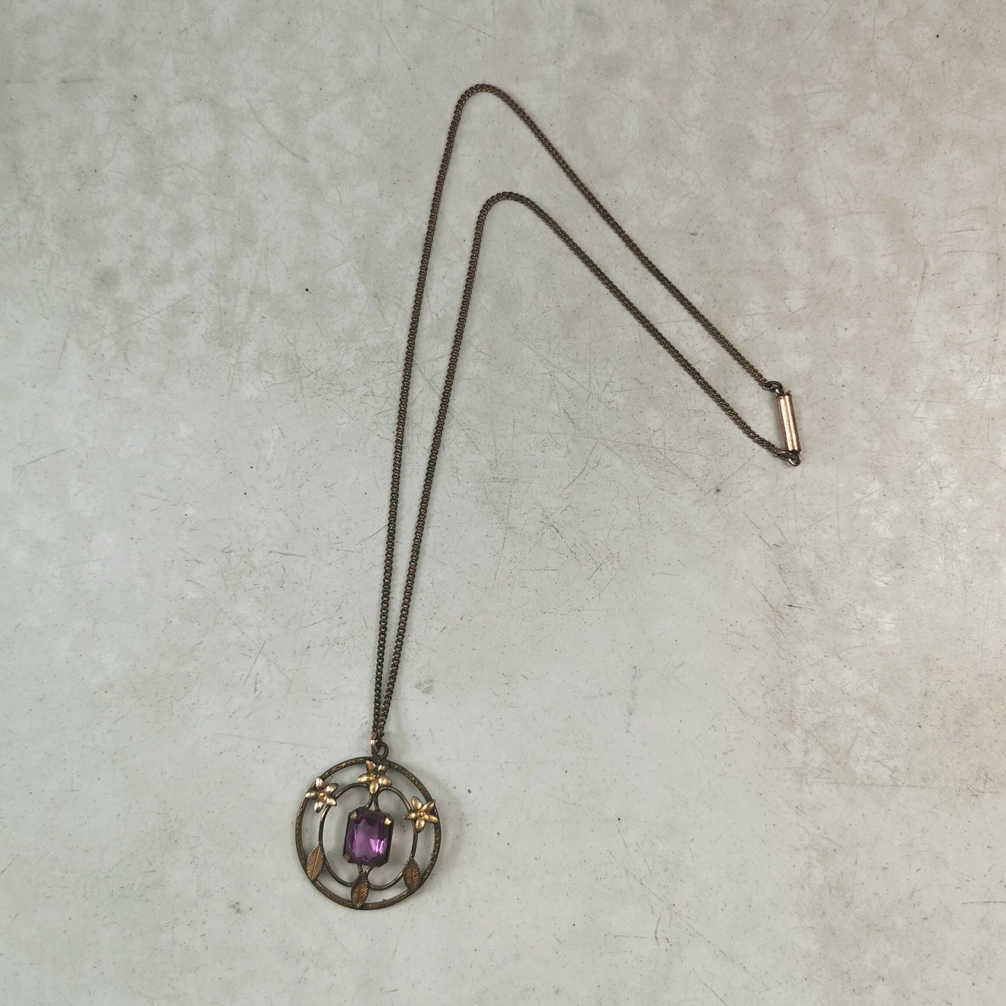 Antique Edwardian Gold Fill on Brass Necklace - Paste Amethyst Lavaliere Necklace - 17.5"