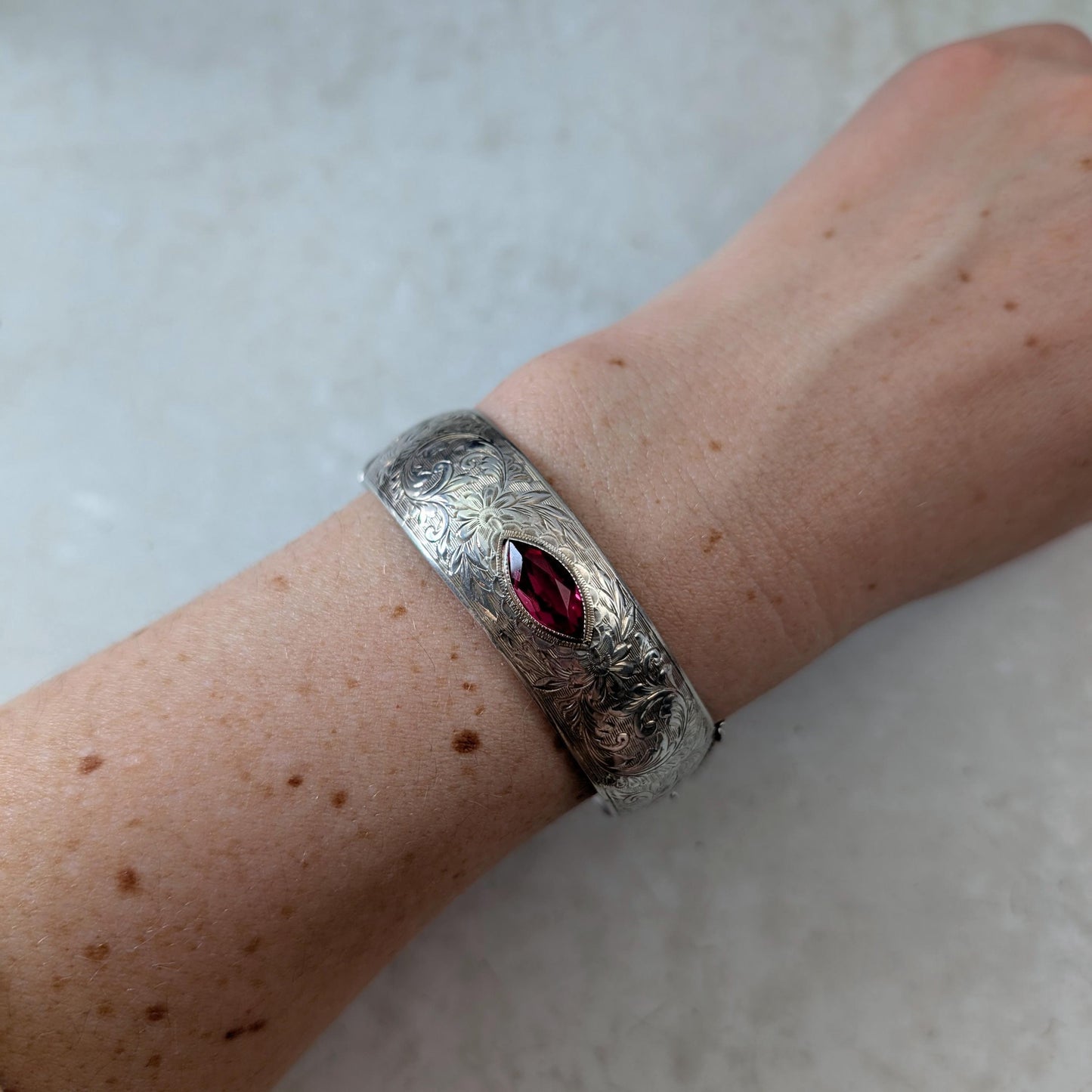 Vintage Sterling Silver Chased Cuff Bracelet with Marquise Cut Lab Ruby