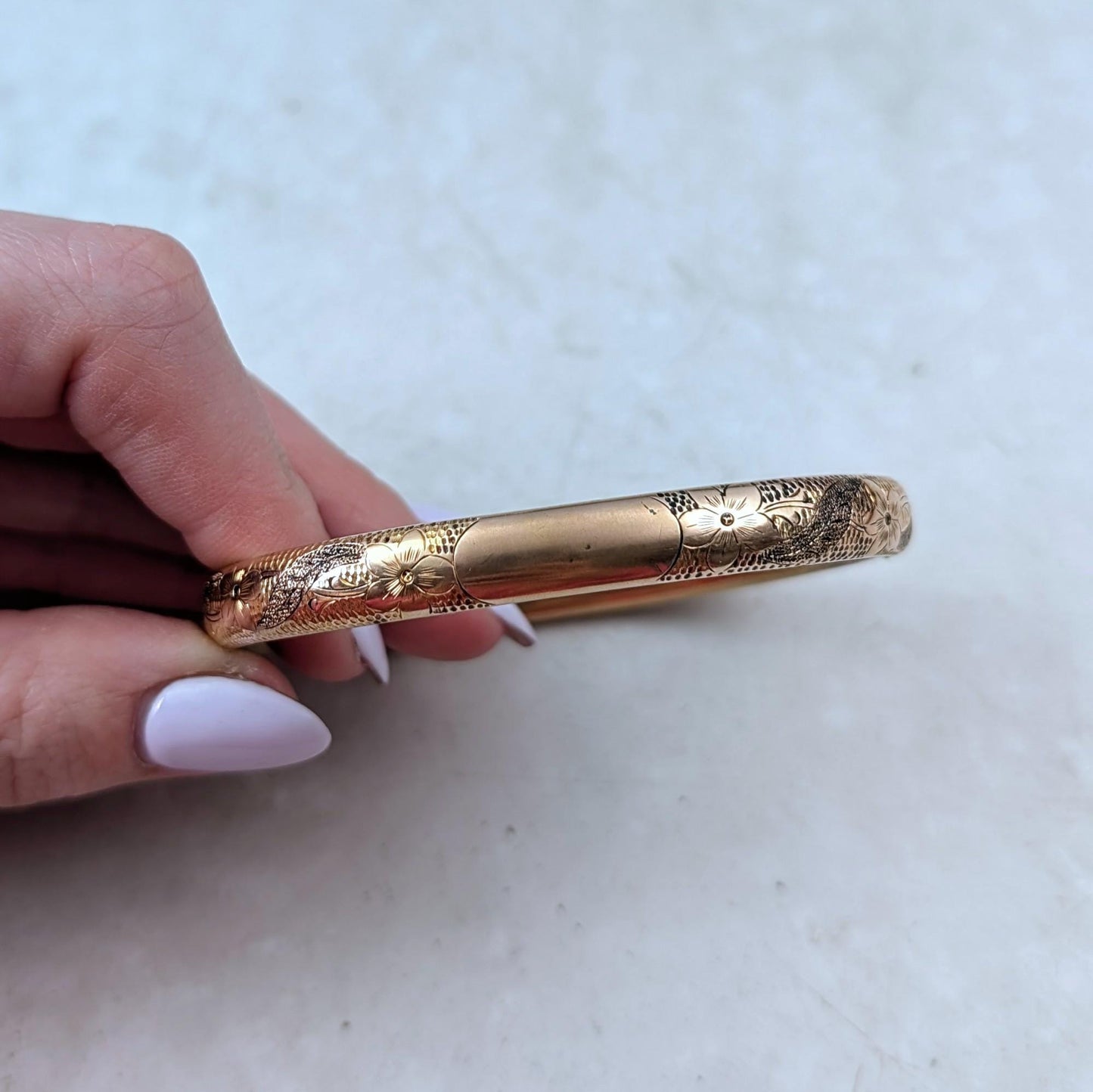 Antique Gold Filled Black Enamel Floral Engraved Bangle Bracelet