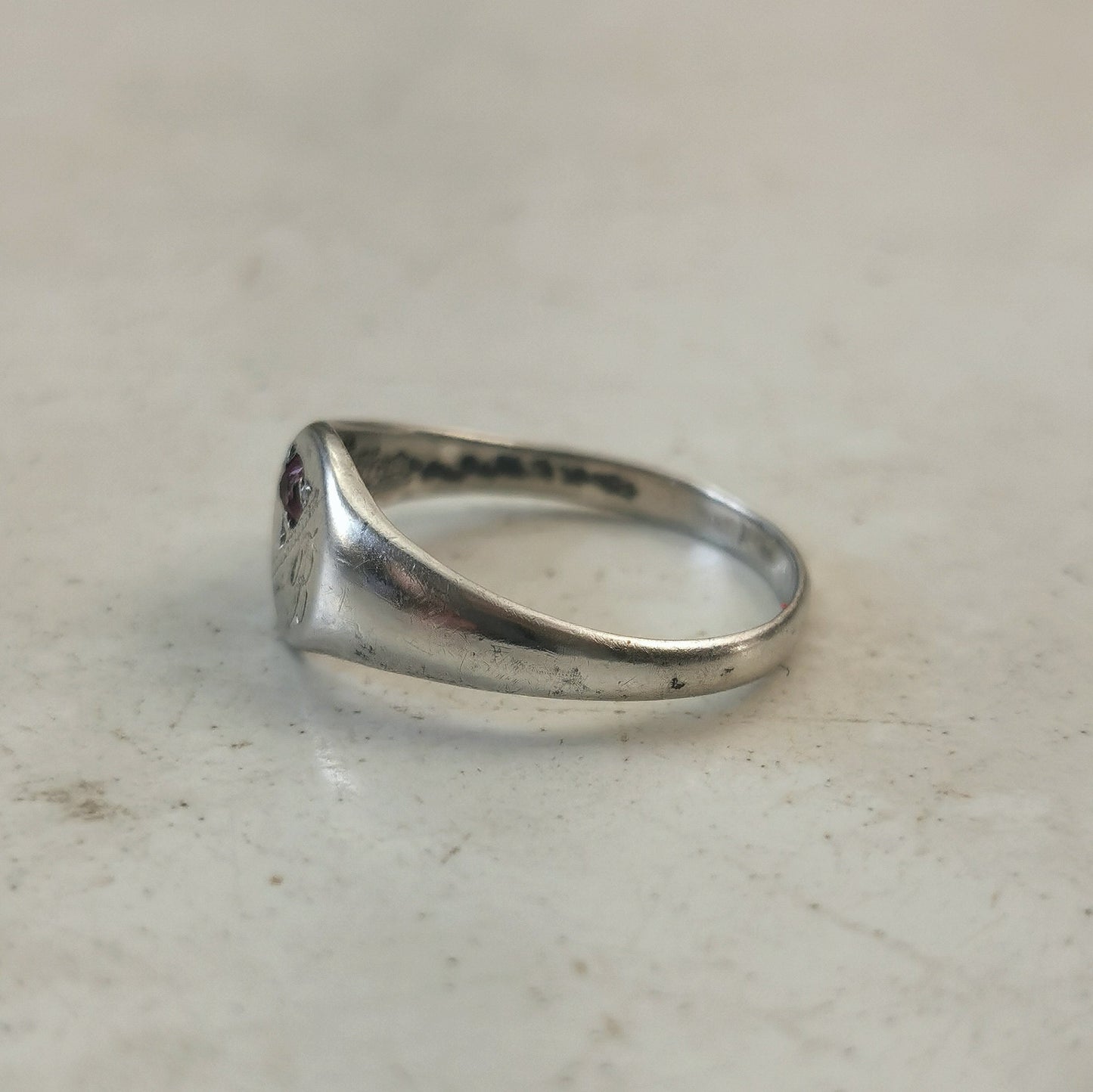 Vintage Sterling Silver Signet Pinky Ring - Initial B with Pink Gem