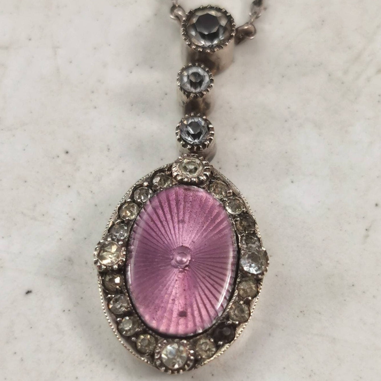 Vintage Sterling Silver Guilloché Enamel & Rhinestone Lavalier