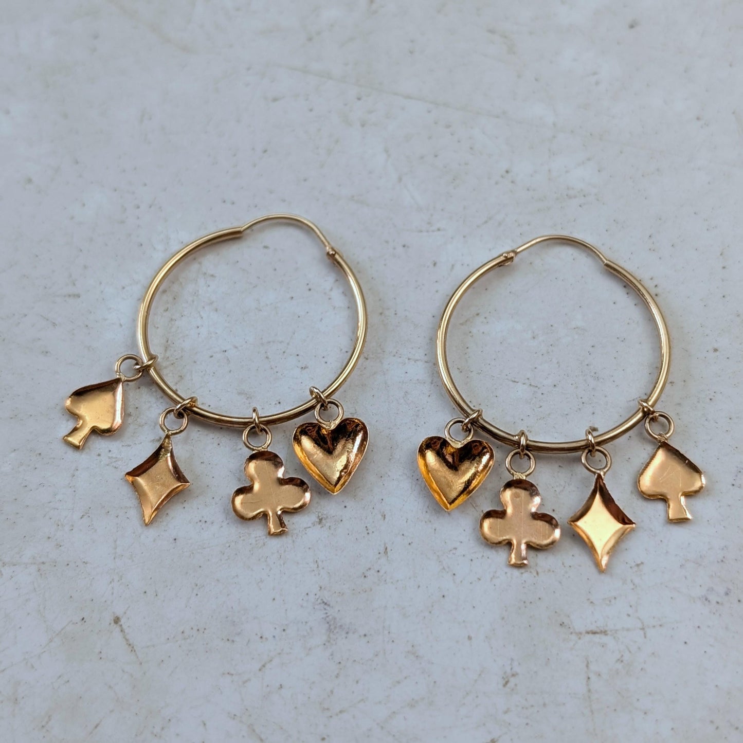 Vintage 14k Yellow Gold Suit of Cards Sleeper Hoops