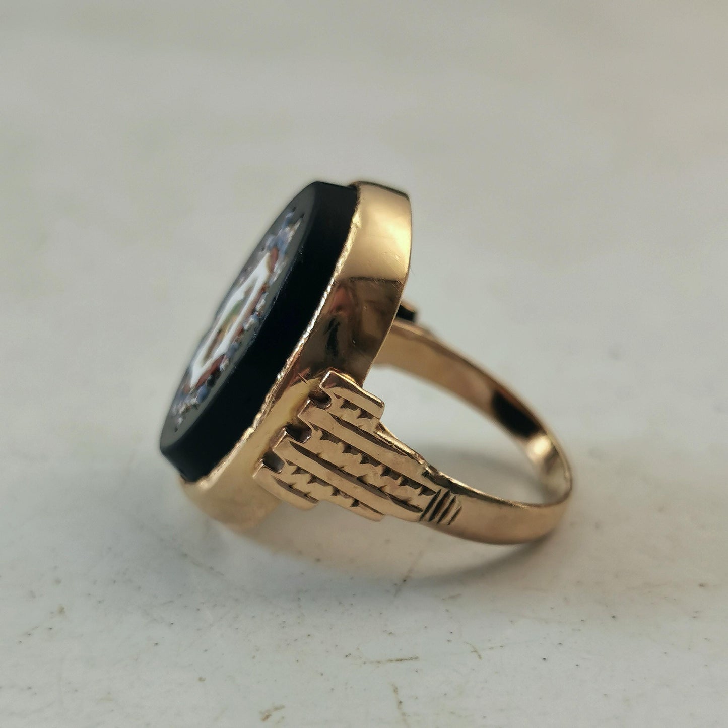Antique Yellow Gold Micro Mosaic Flower Mosaic Statement Ring