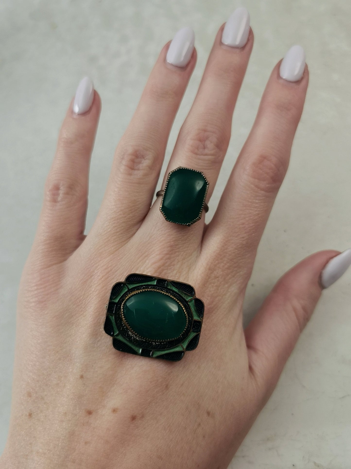 Art Deco Chrysoprase Glass Ring and Brooch SET