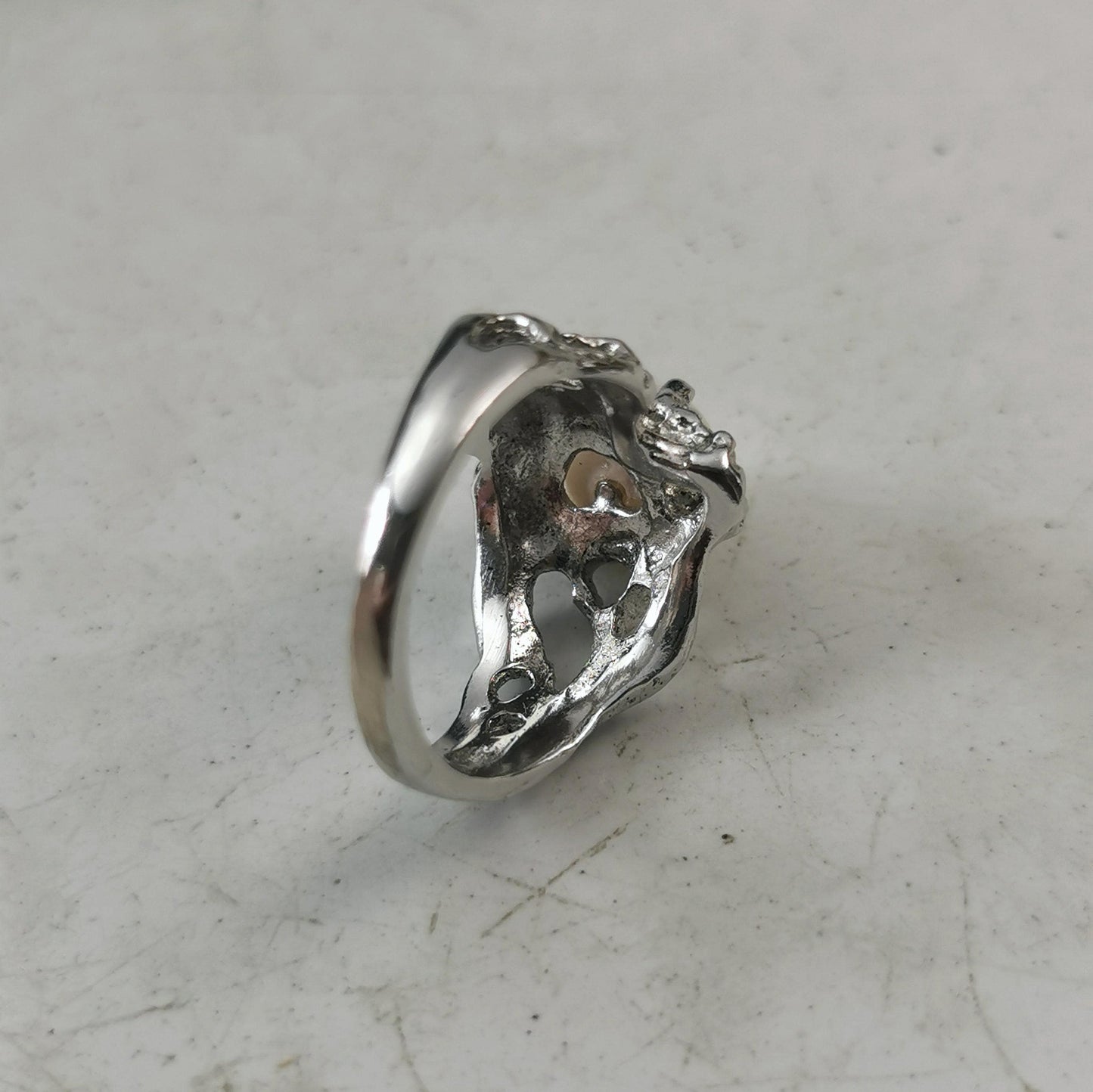 Vintage Mid-century Brutalist Sterling Silver Cultured Pearl Ring