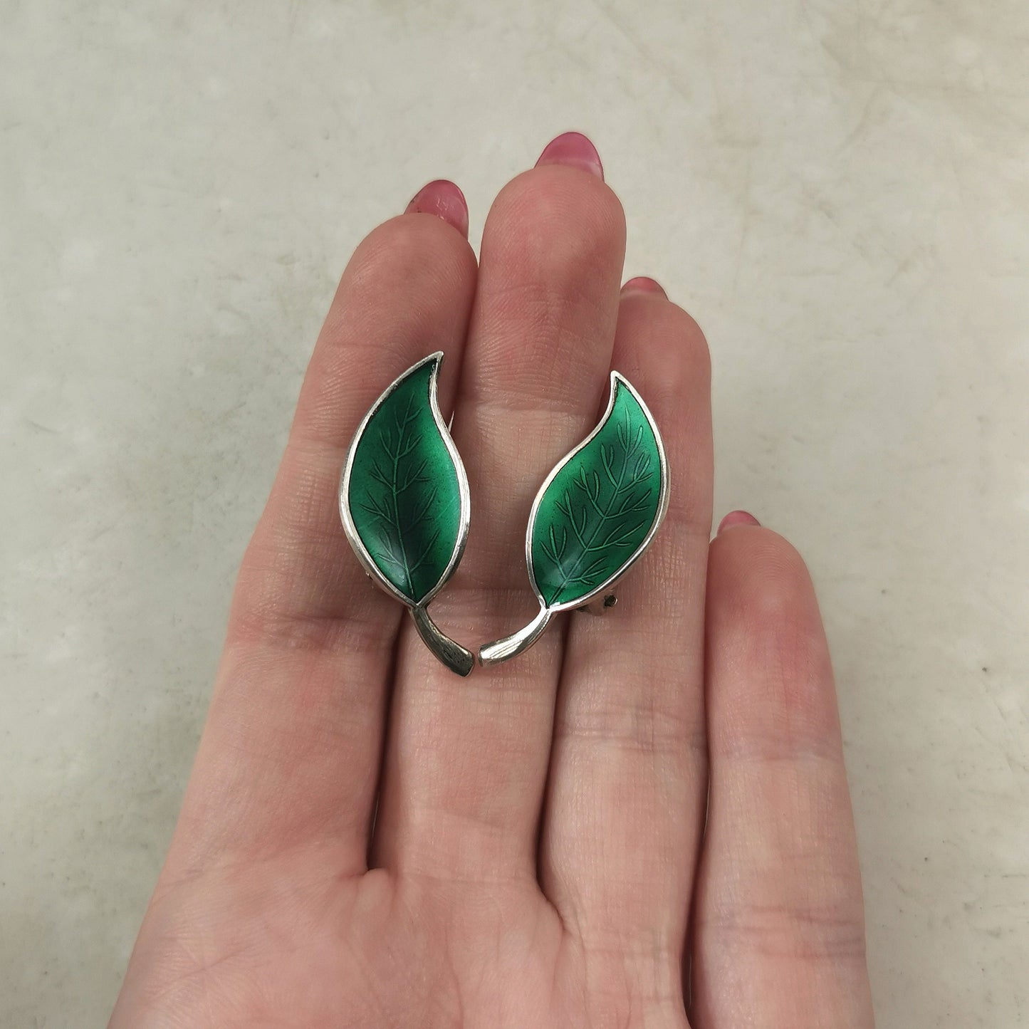Vintage Meka Denmark Sterling Silver Green Enamel Leaf Ear Clips