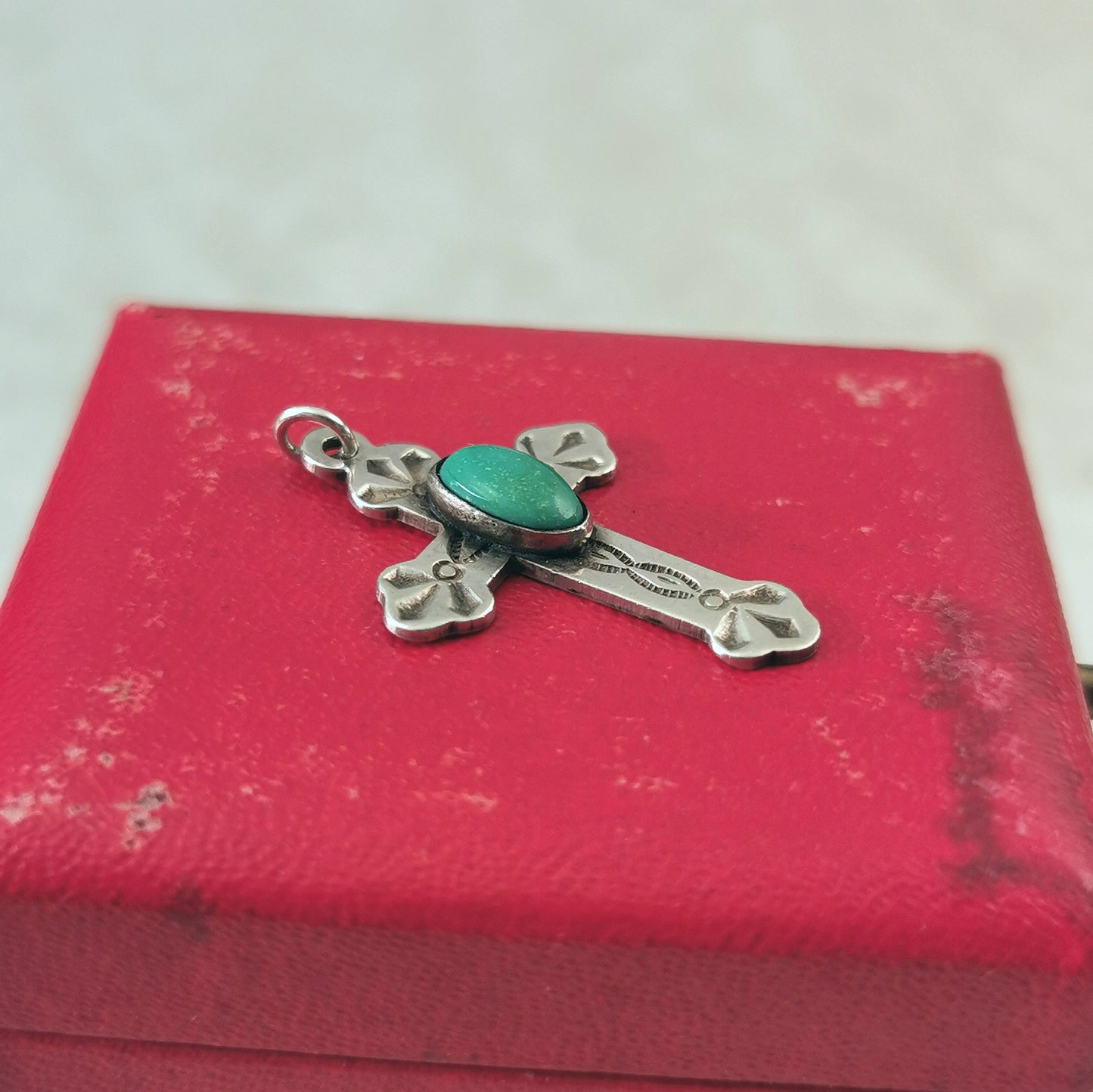 Vintage Navajo Patterned Silver and Turquoise Medium Cross Pendant