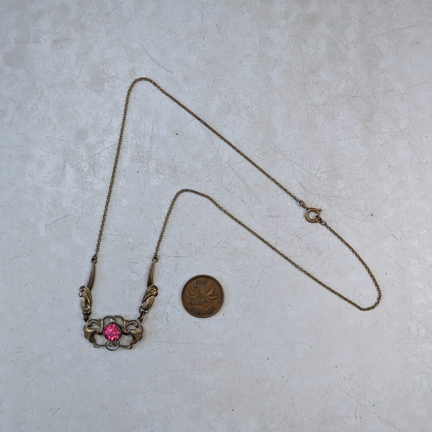 Antique Art Nouveau Brass & Pink Gem Necklace