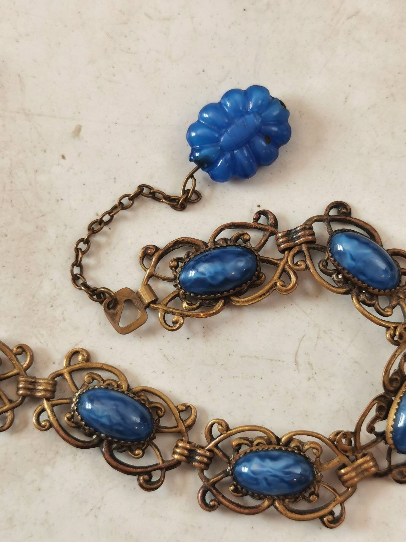 Antique Czech Glass Filigree Bracelet with Dangles
