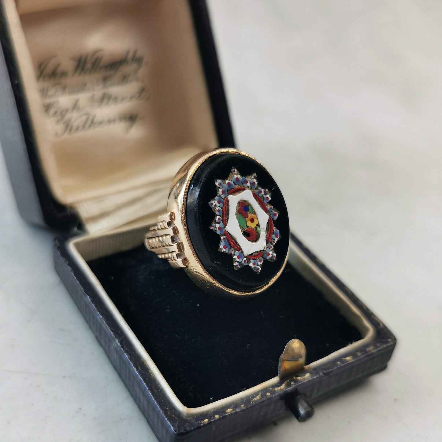 Antique Yellow Gold Micro Mosaic Flower Mosaic Statement Ring