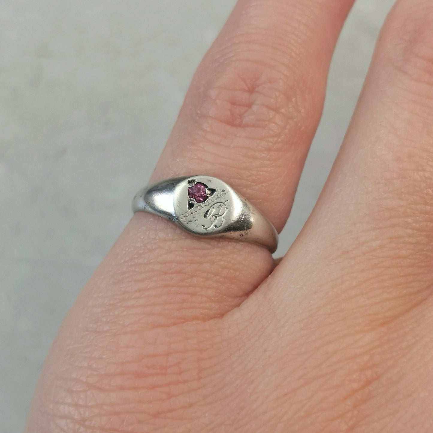 Vintage Sterling Silver Signet Pinky Ring - Initial B with Pink Gem