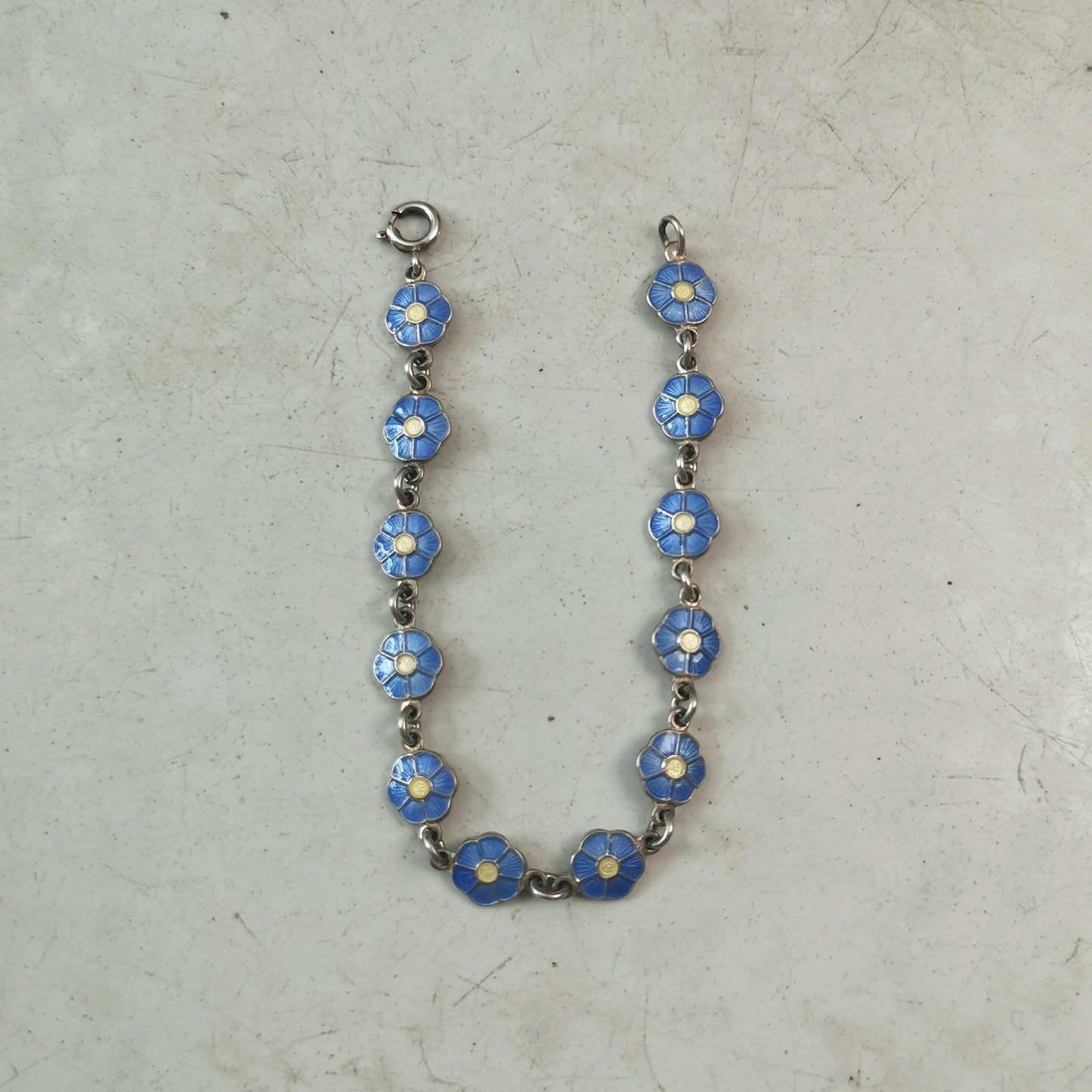 Vintage Volmer Bahner Sterling Silver and Enamel Flower Bracelet - Forget-me-not Blue Enamel Flowers- Adult Bracelet 7.5"
