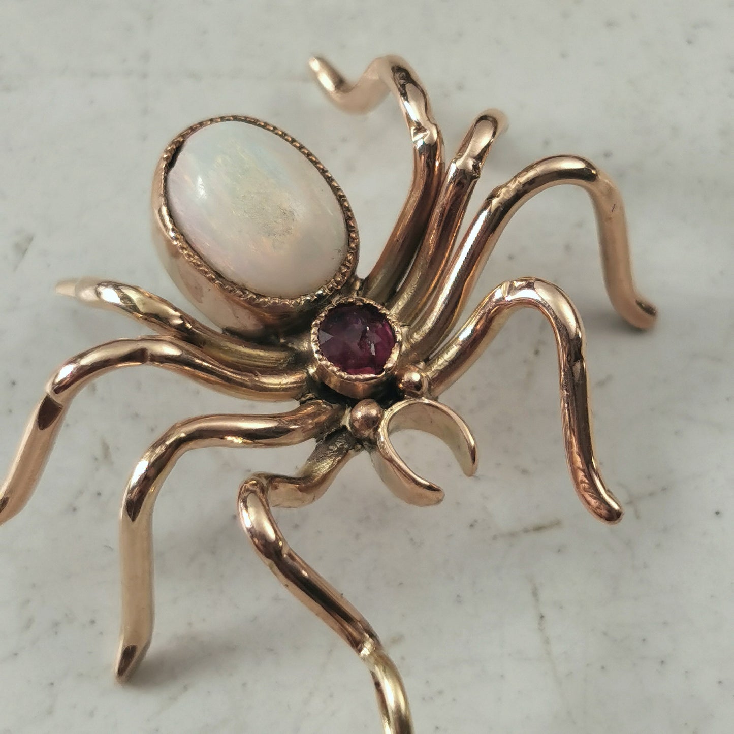 Antique Conversion 9ct Yellow Gold Opal & Ruby Spider Pendant