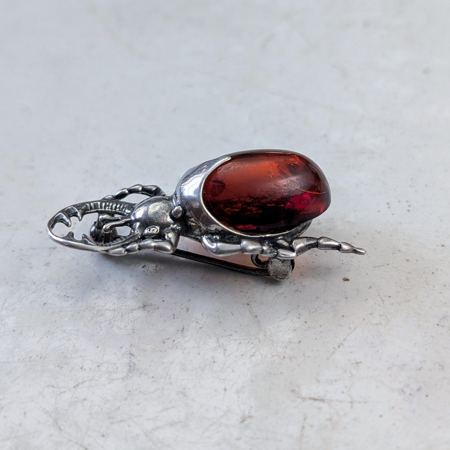 Vintage Sterling Silver and Amber Beetle Brooch