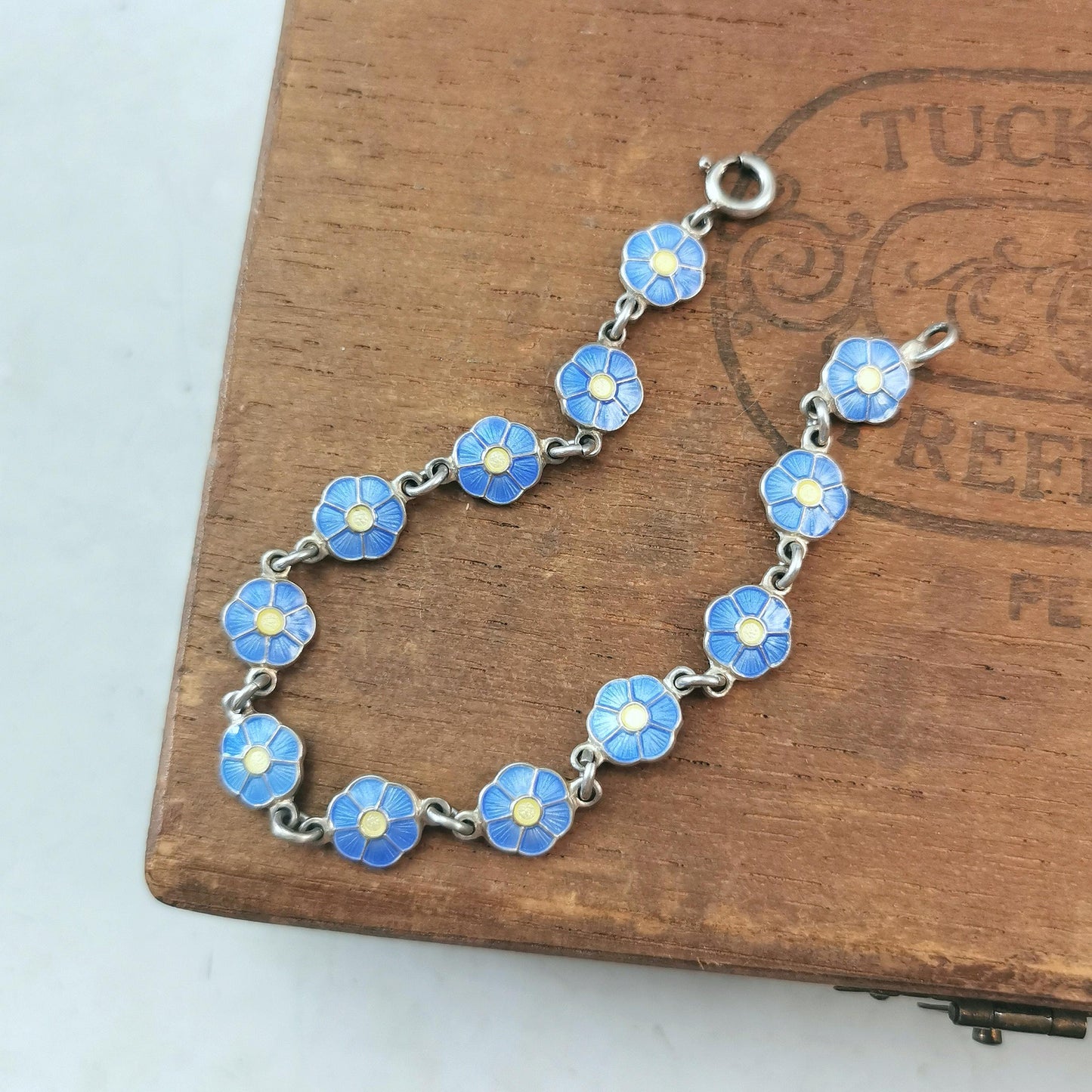 Vintage Volmer Bahner Sterling Silver and Enamel Flower Bracelet - Forget-me-not Blue Enamel Flowers- Adult Bracelet 7.5"