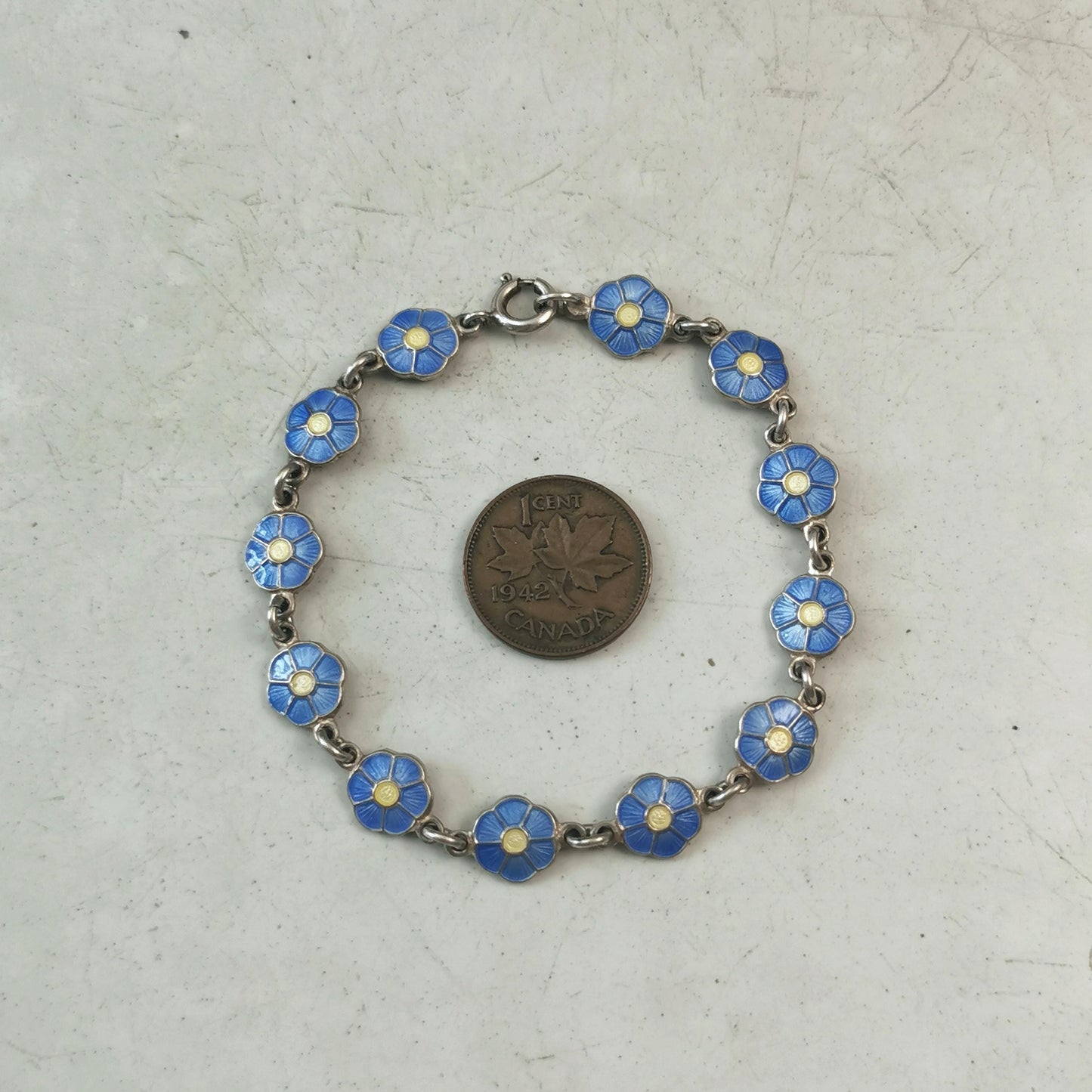 Vintage Volmer Bahner Sterling Silver and Enamel Flower Bracelet - Forget-me-not Blue Enamel Flowers- Adult Bracelet 7.5"