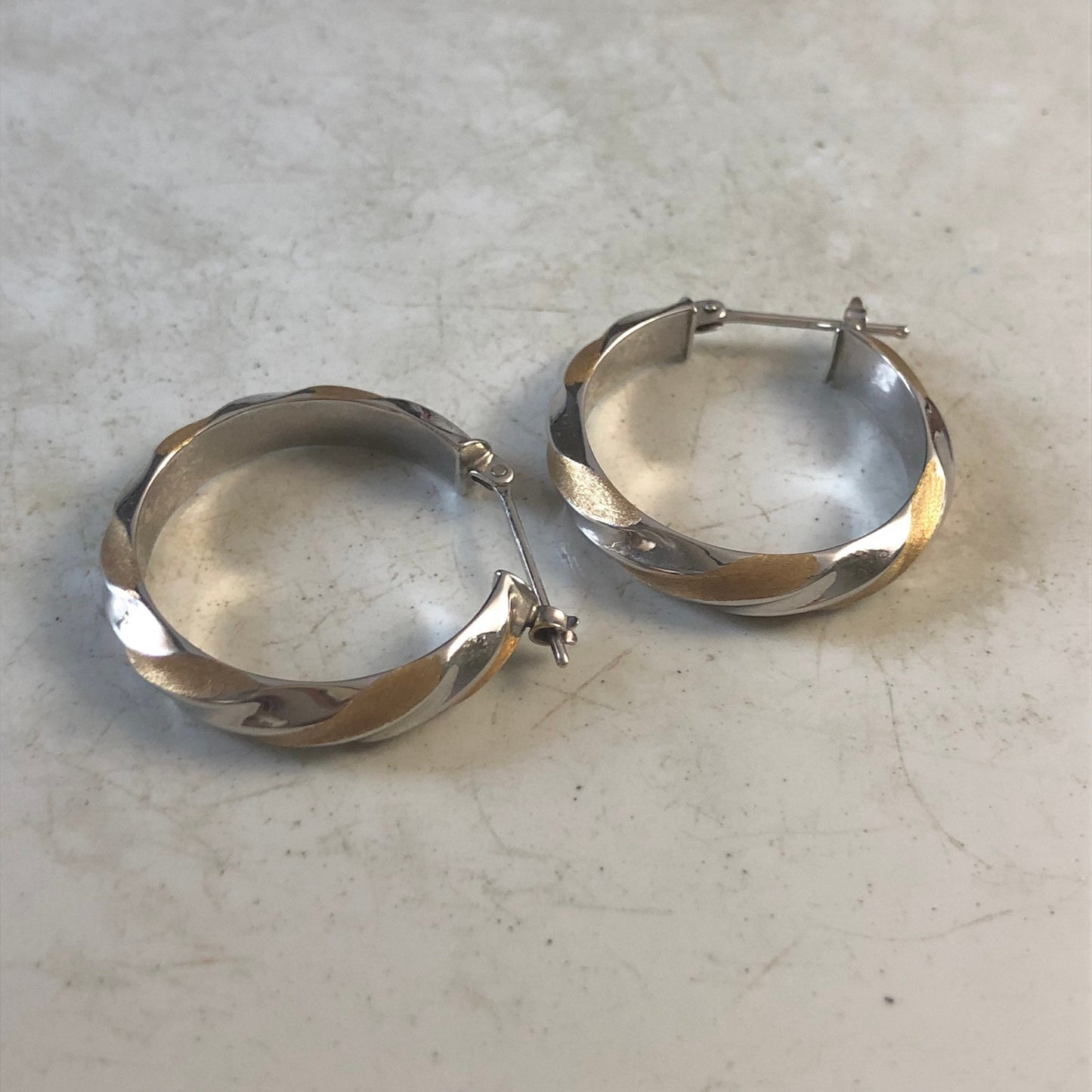 Estate 14k White & Yellow Gold Wide Twisted Hoop Earrings