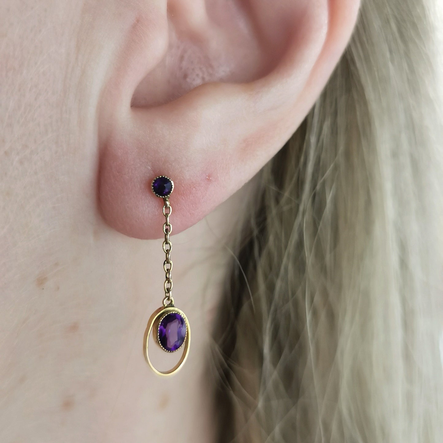 Edwardian 9ct/10K Yellow Gold and Amethyst Conversion Earrings