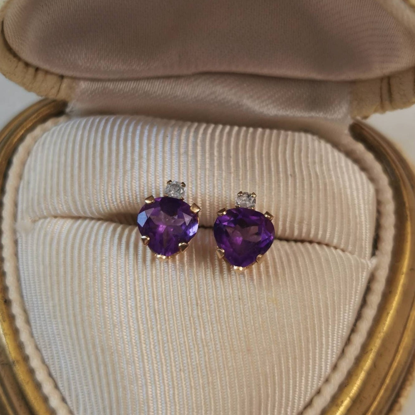 Estate 10k Yellow Gold Amethyst Heart and Diamond Studs