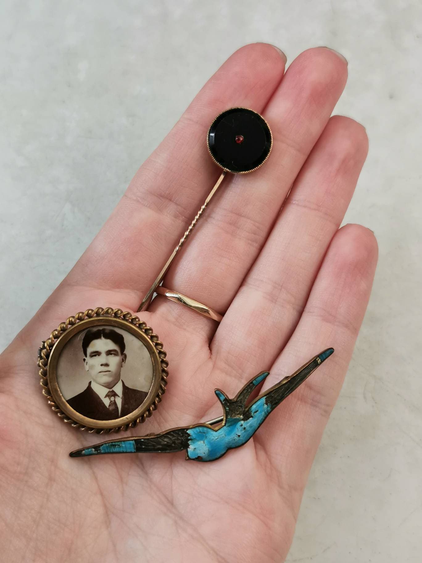 Antique Lot of Gold Filled Pins and Brooches - Blue Bird - Lithograph Picture Frame Brooch - Art Deco Target Stick Pin